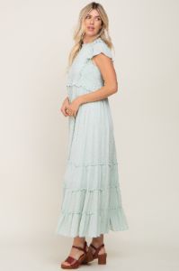 Mint Green Smocked Ruffle Accent Tiered Maxi Dress sold by Pinkblush