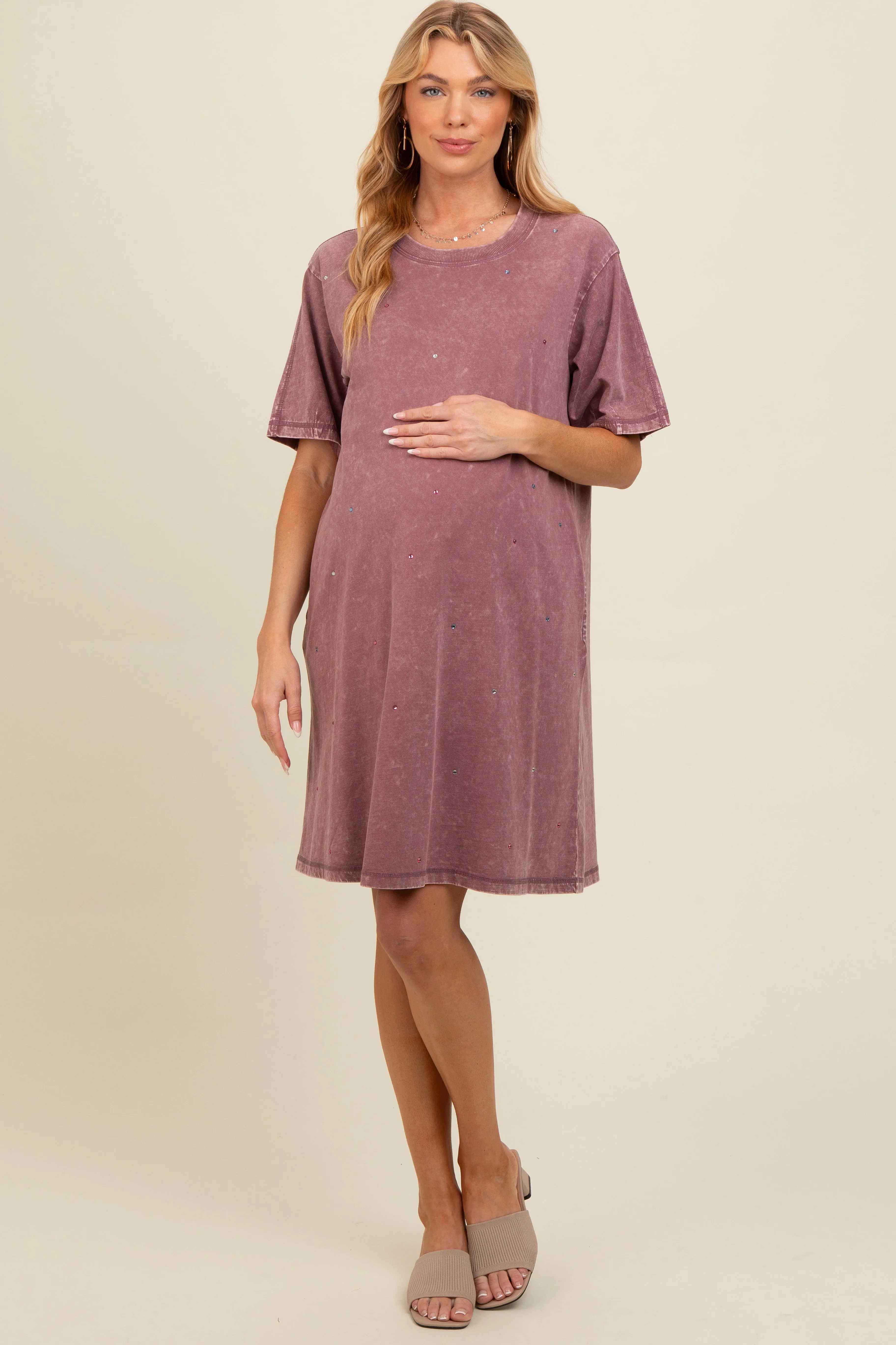 Mauve Rhinestone Mineral Washed Maternity T-Shirt Dress sold by Pinkblush