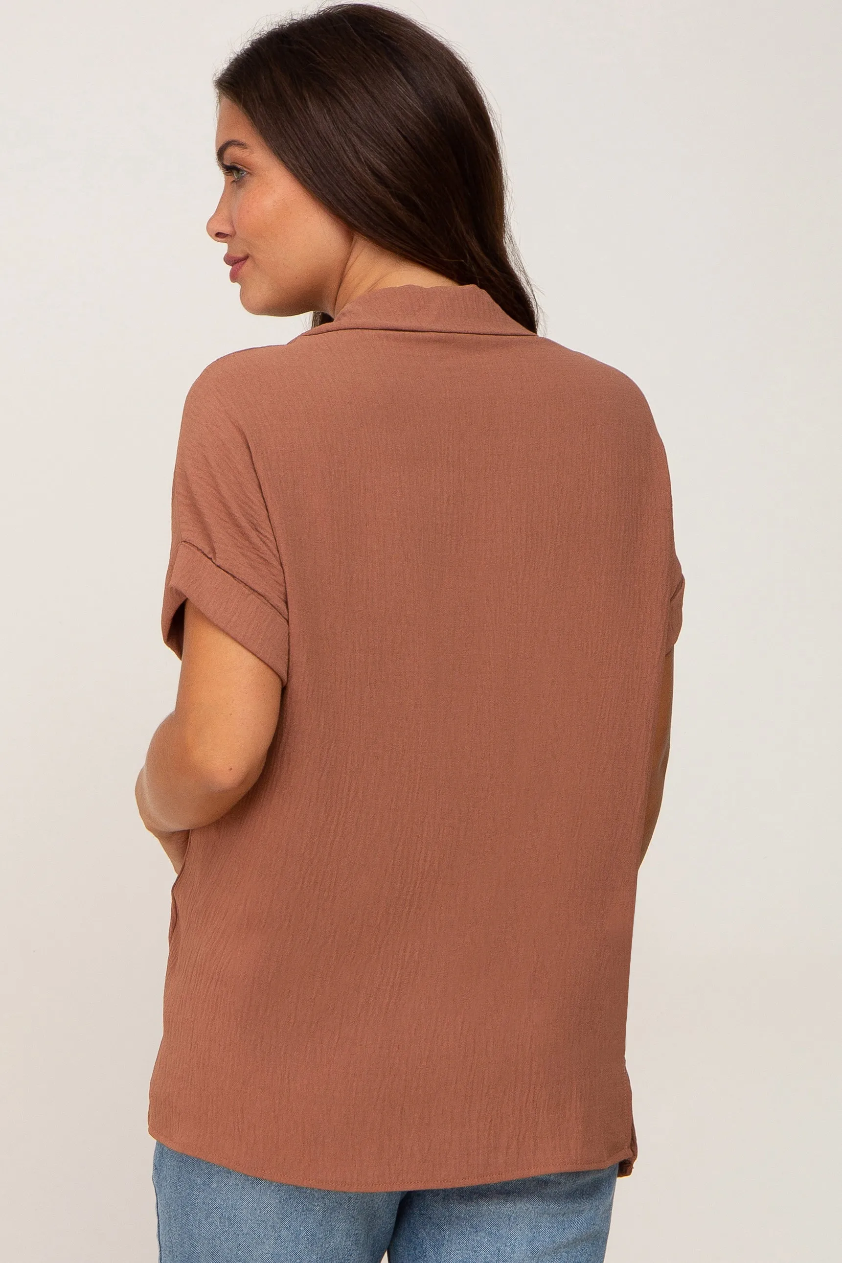 Camel Collared Button-Down Short Sleeve Maternity Blouse sold by Pinkblush product image thumbnail 3