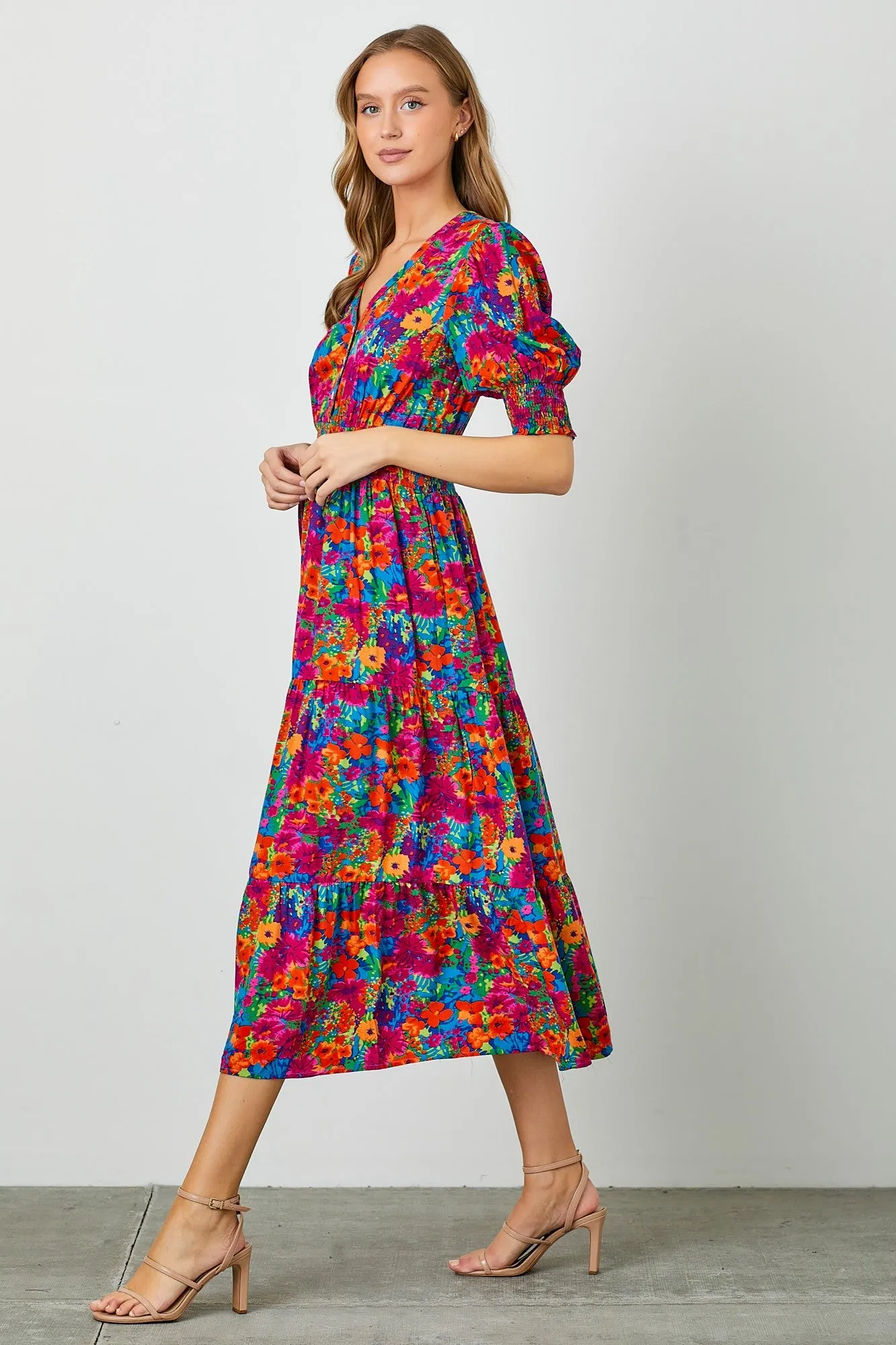 Orange Floral Smocked Waist Midi Dress sold by Pinkblush product image thumbnail 2