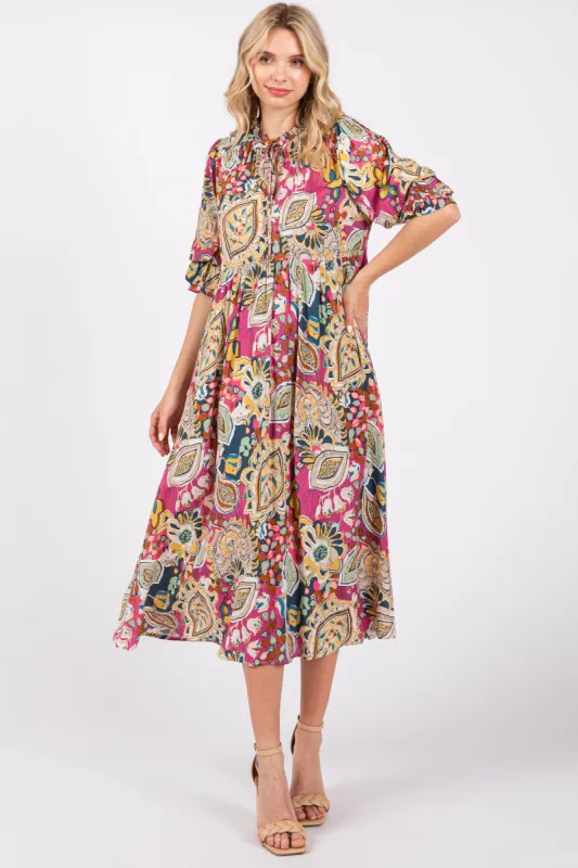 Pink Paisley Print Tiered A-Line Midi Dress sold by Pinkblush