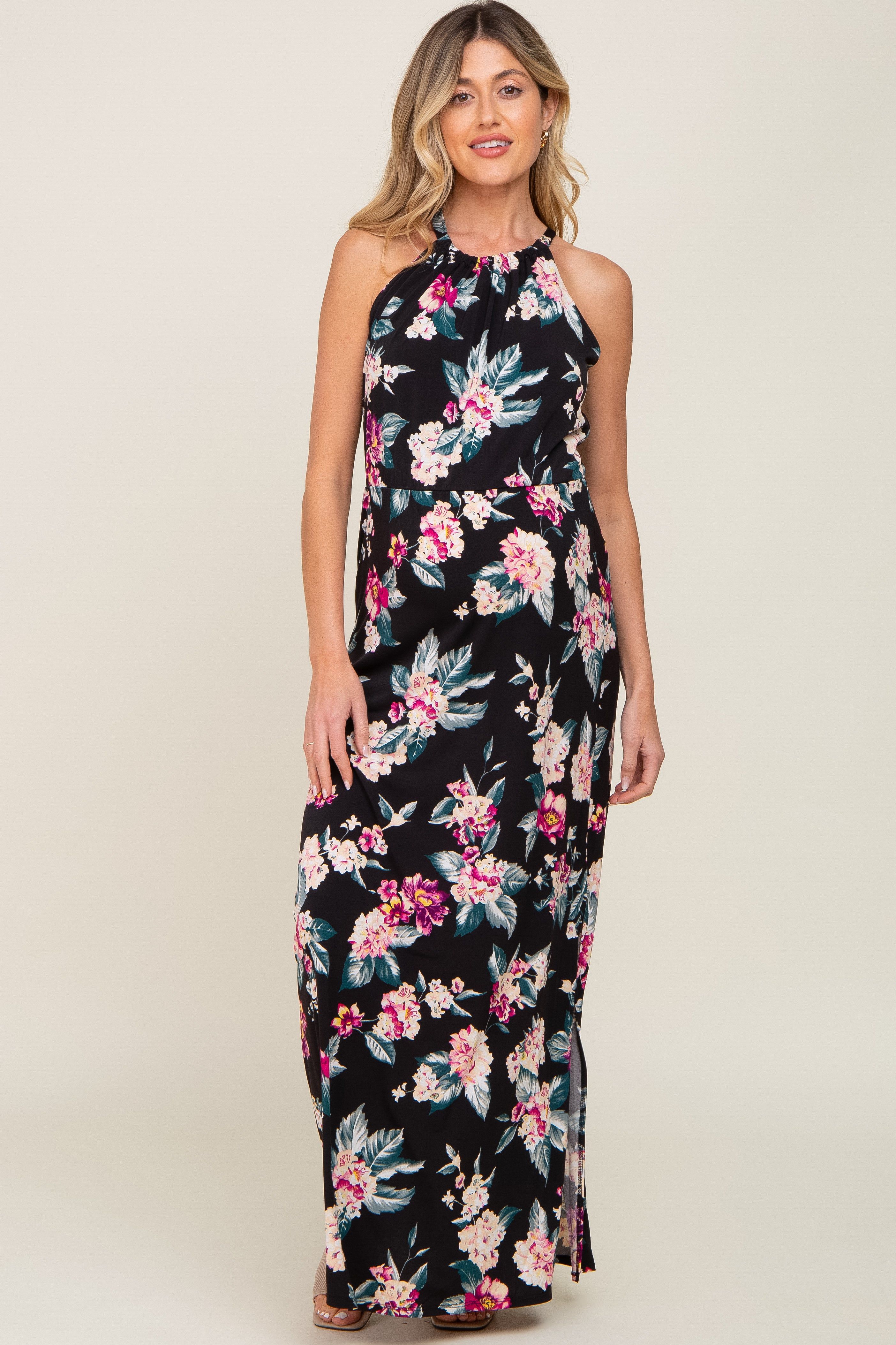 Black Floral Halter Side Slit Maternity Maxi Dress sold by Pinkblush product image thumbnail 5