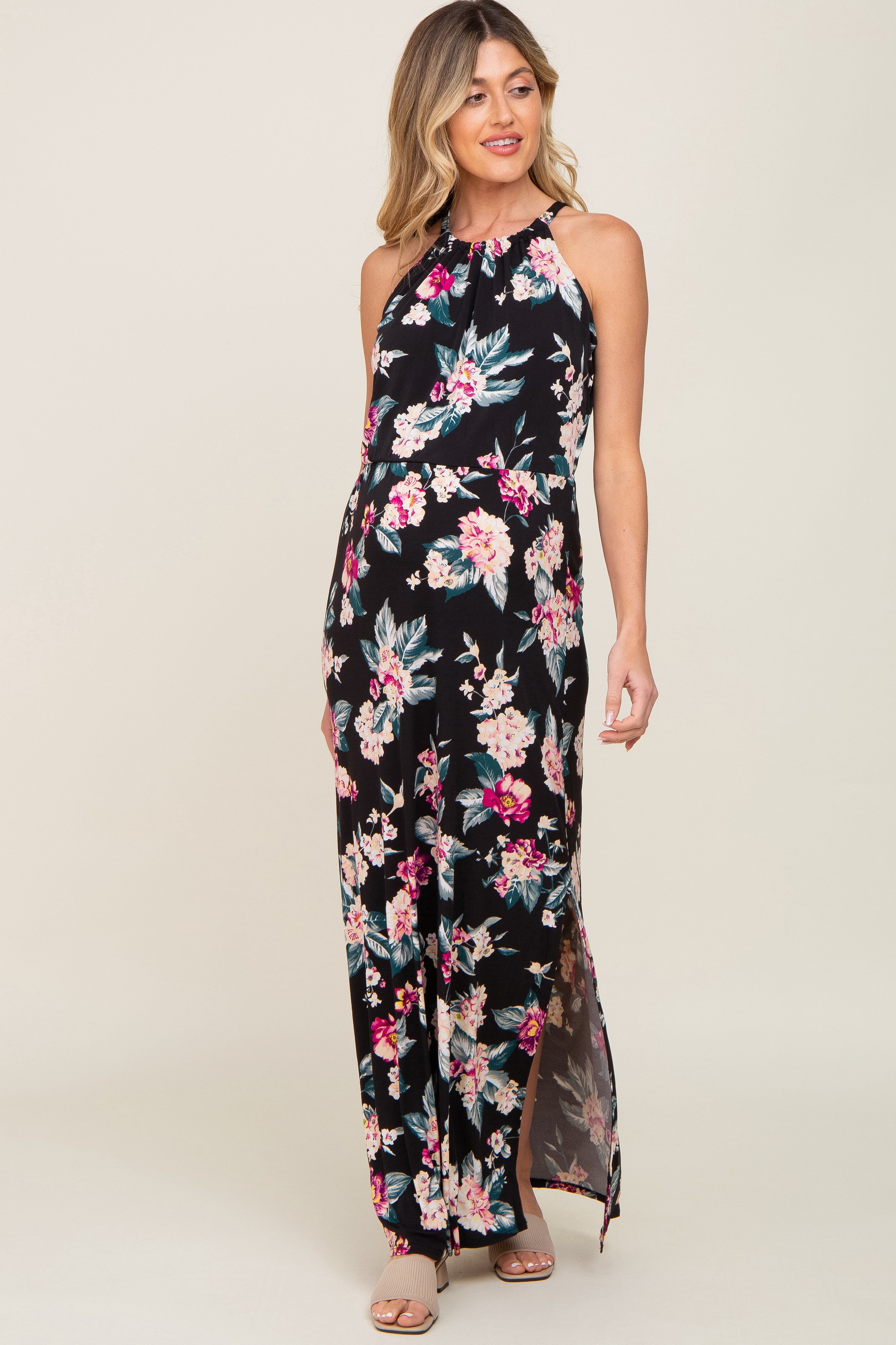 Black Floral Halter Side Slit Maternity Maxi Dress sold by Pinkblush product image thumbnail 2