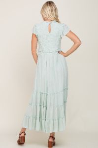 Mint Green Smocked Ruffle Accent Tiered Maxi Dress sold by Pinkblush