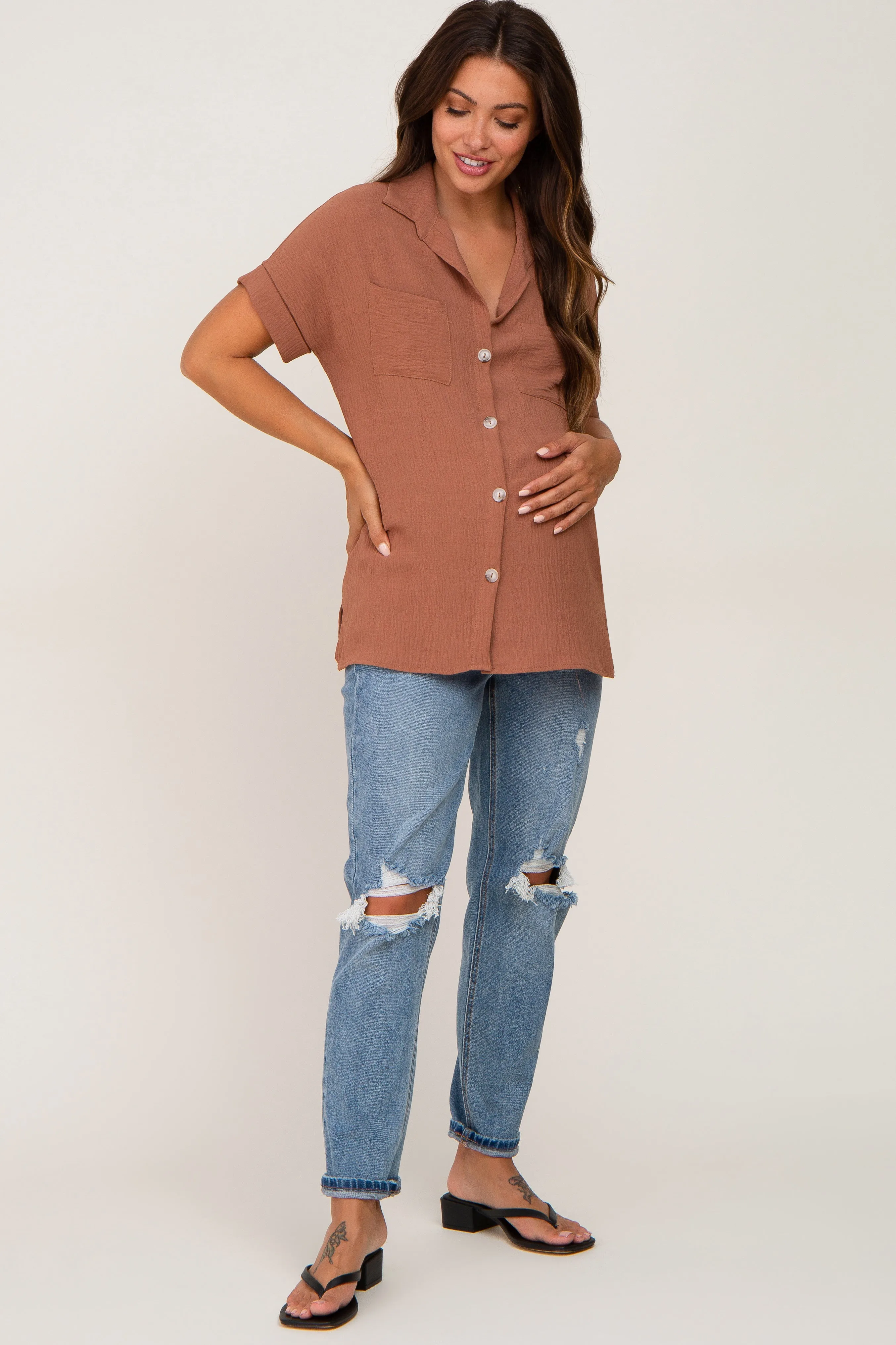 Camel Collared Button-Down Short Sleeve Maternity Blouse sold by Pinkblush product image thumbnail 4