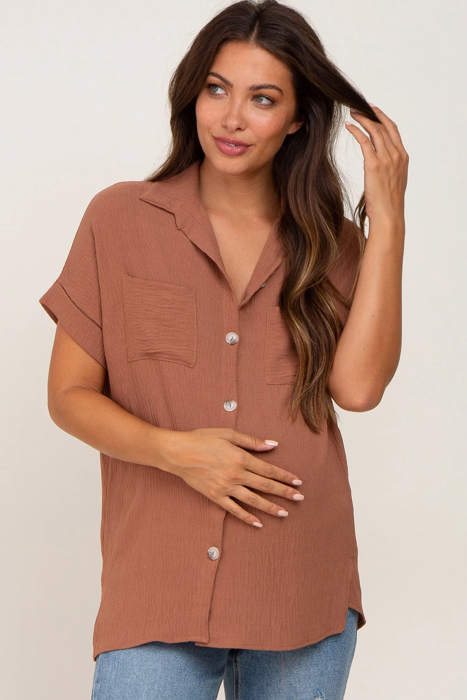 Camel Collared Button-Down Short Sleeve Maternity Blouse sold by Pinkblush