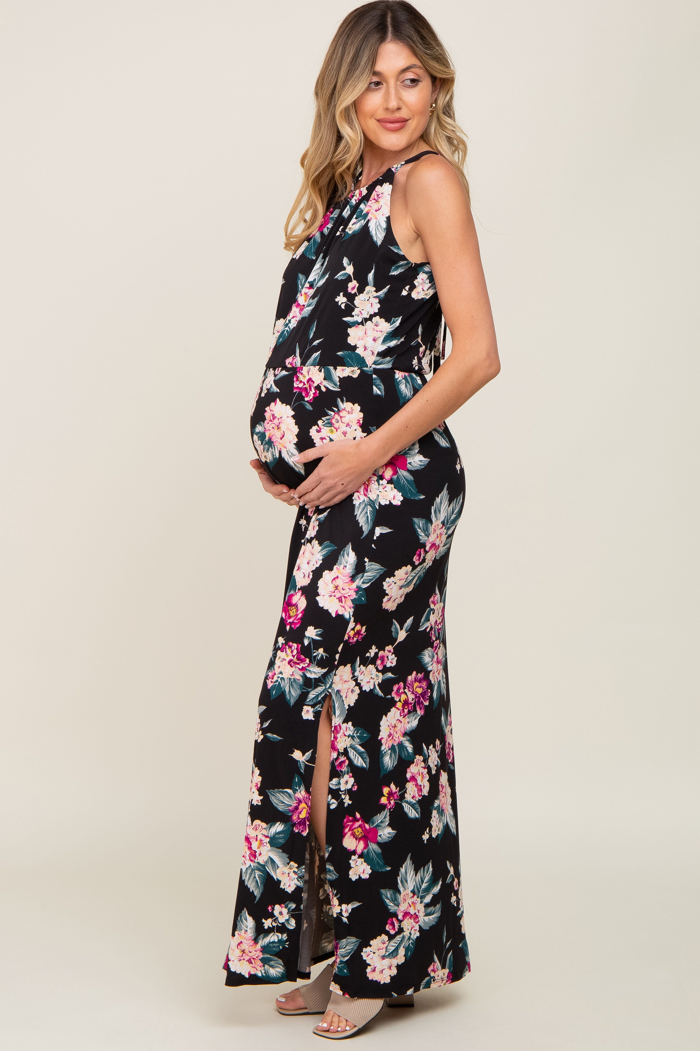 Black Floral Halter Side Slit Maternity Maxi Dress sold by Pinkblush product image thumbnail 3