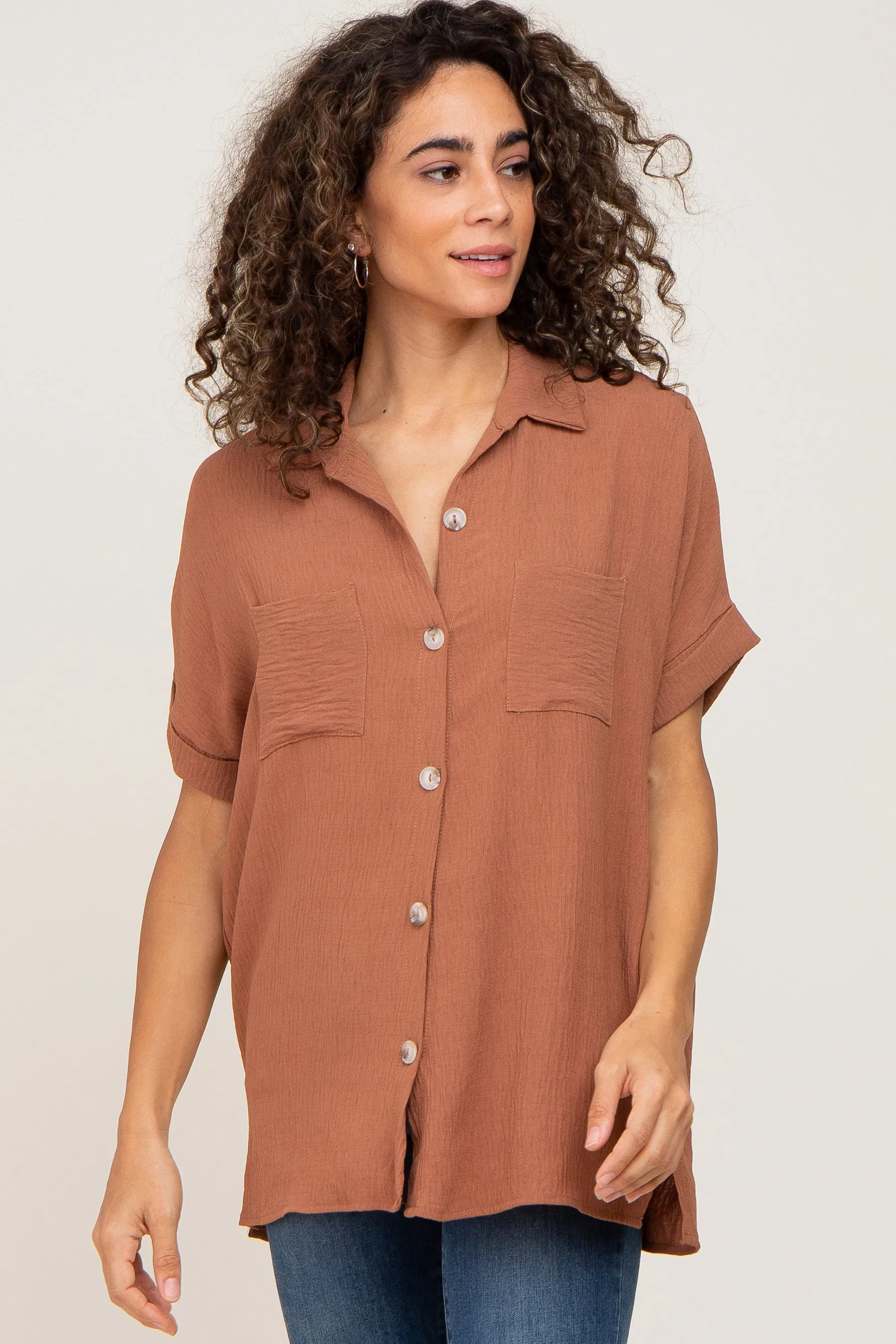 Camel Collared Button-Down Short Sleeve Maternity Blouse sold by Pinkblush product image thumbnail 5
