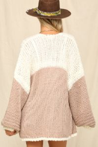 Mauve Color Blocked Chunky Knit Oversized Cardigan sold by Pinkblush