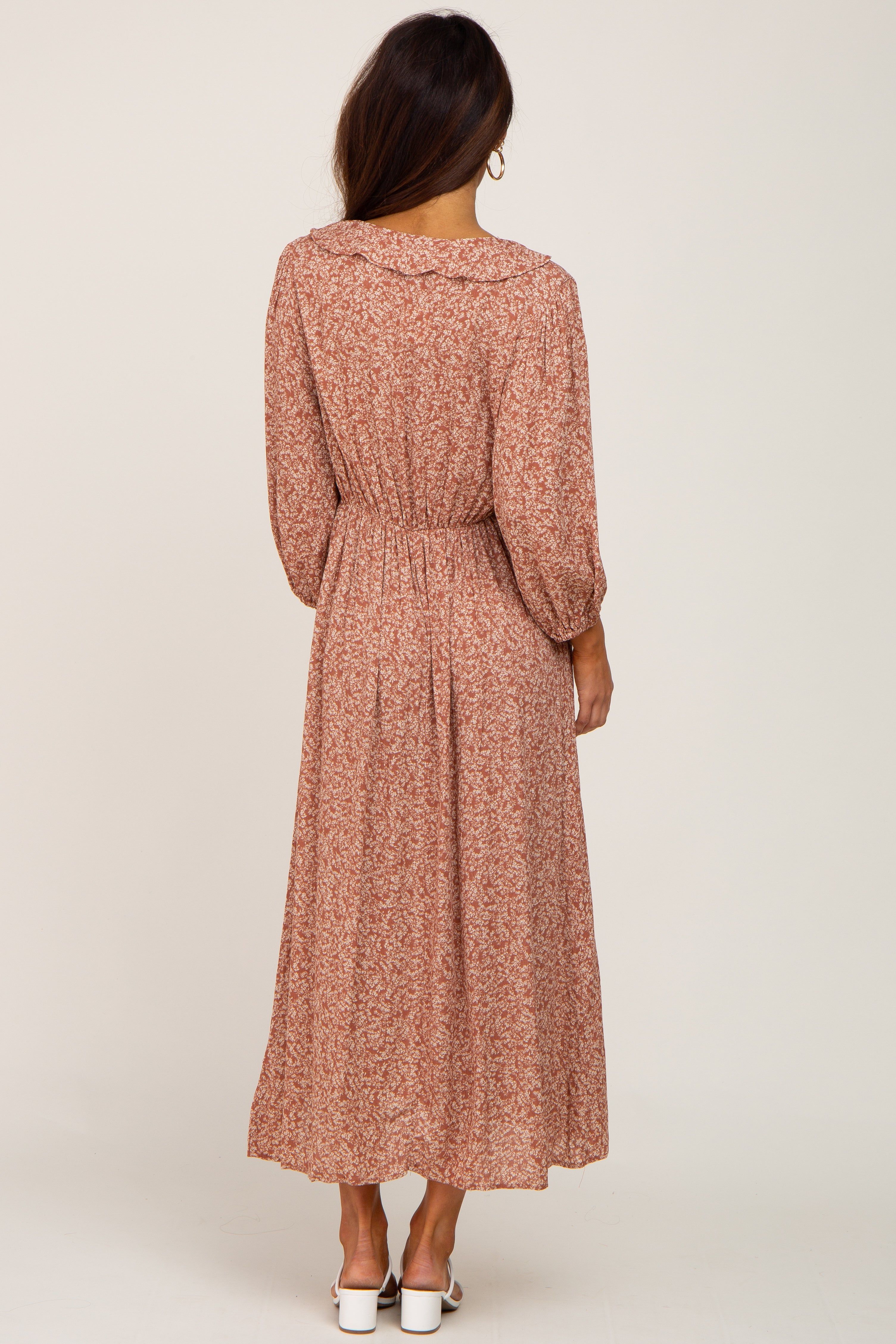 Rust Floral Ruffle V-Neck Midi Dress sold by Pinkblush product image thumbnail 3