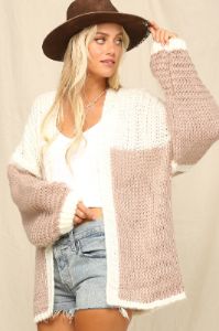 Mauve Color Blocked Chunky Knit Oversized Cardigan sold by Pinkblush
