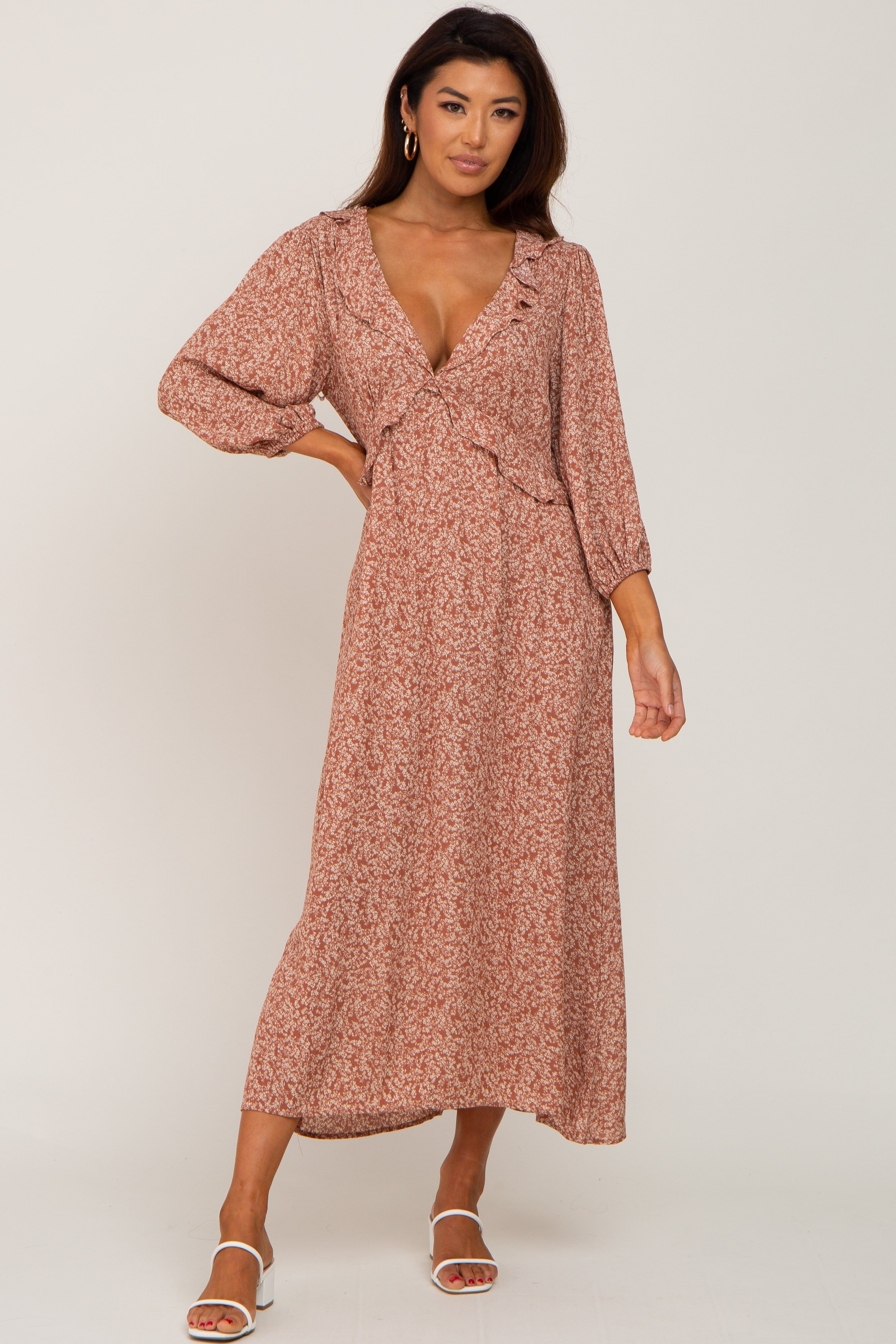 Rust Floral Ruffle V-Neck Midi Dress sold by Pinkblush