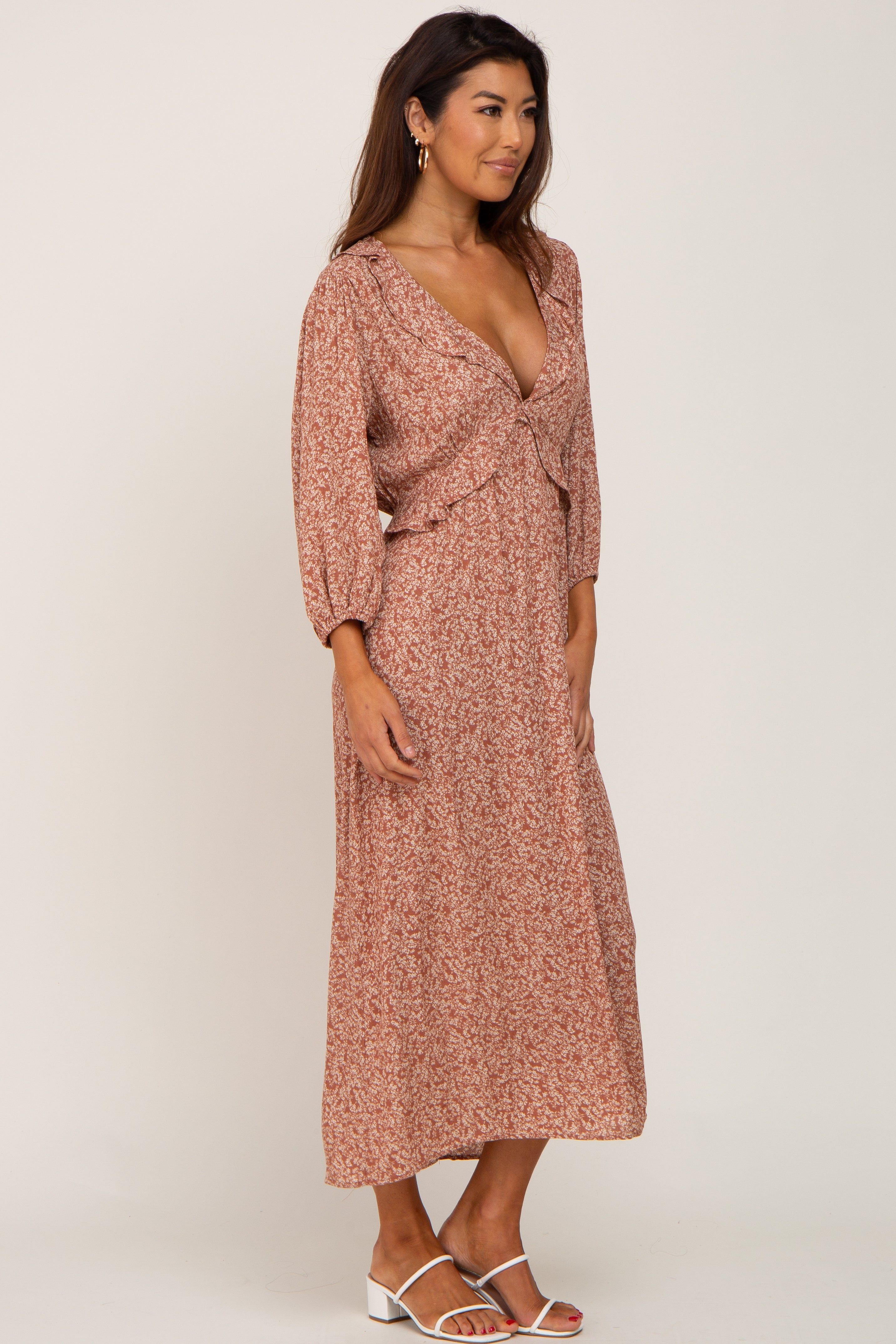Rust Floral Ruffle V-Neck Midi Dress sold by Pinkblush product image thumbnail 2