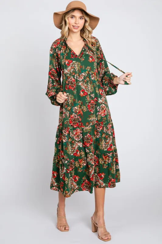 Forest Green Floral Ruffle Neck Tiered Midi Dress sold by Pinkblush