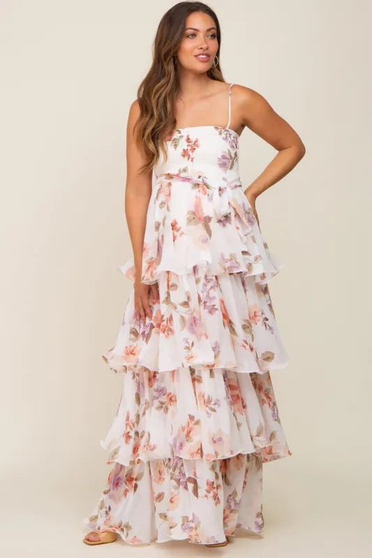Lavender Floral Smocked Ruffle Tiered Maternity Maxi Dress sold by Pinkblush