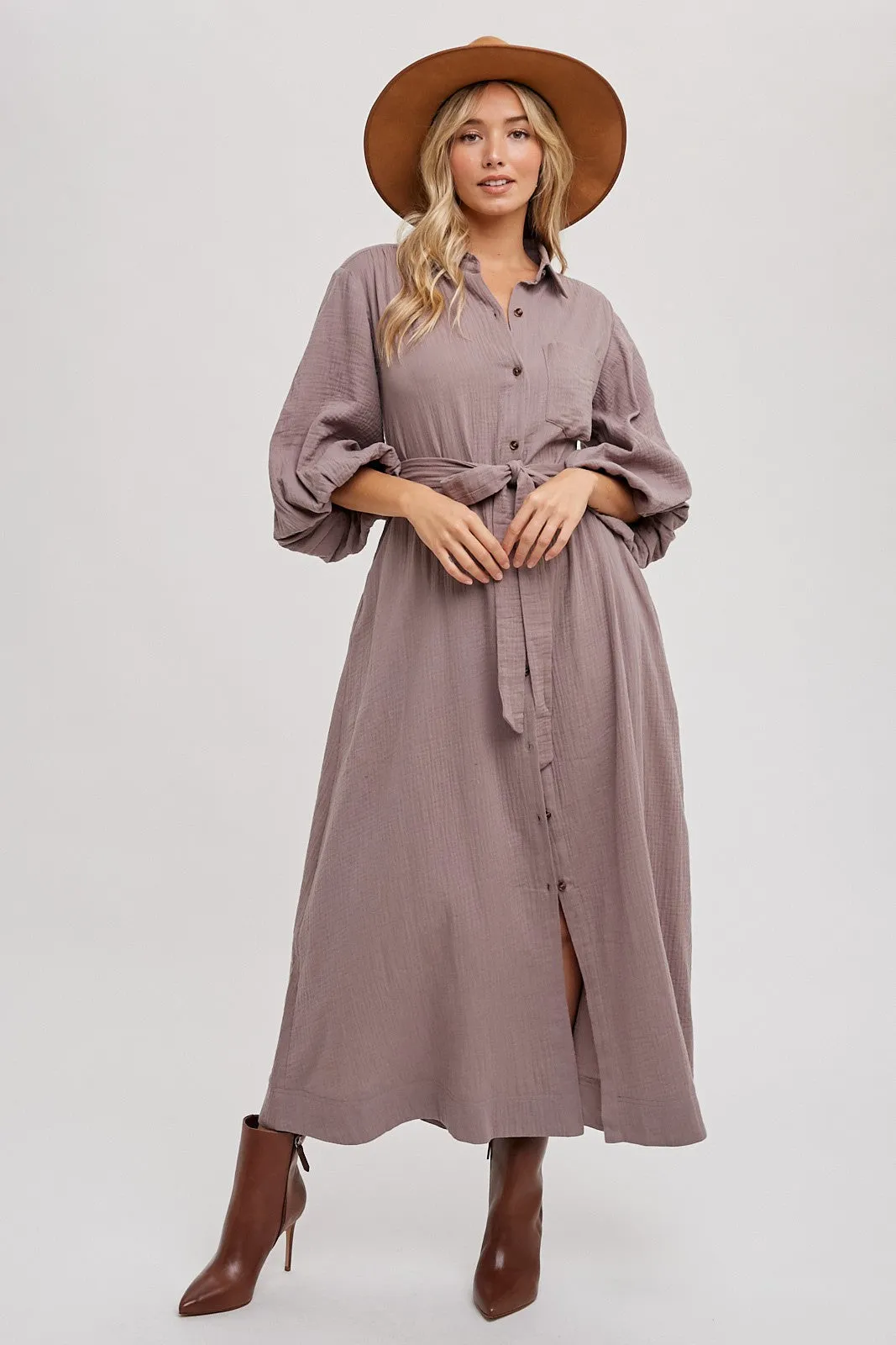 Mocha Gauze Belted Shirt Maternity Midi Dress sold by Pinkblush product image thumbnail 4