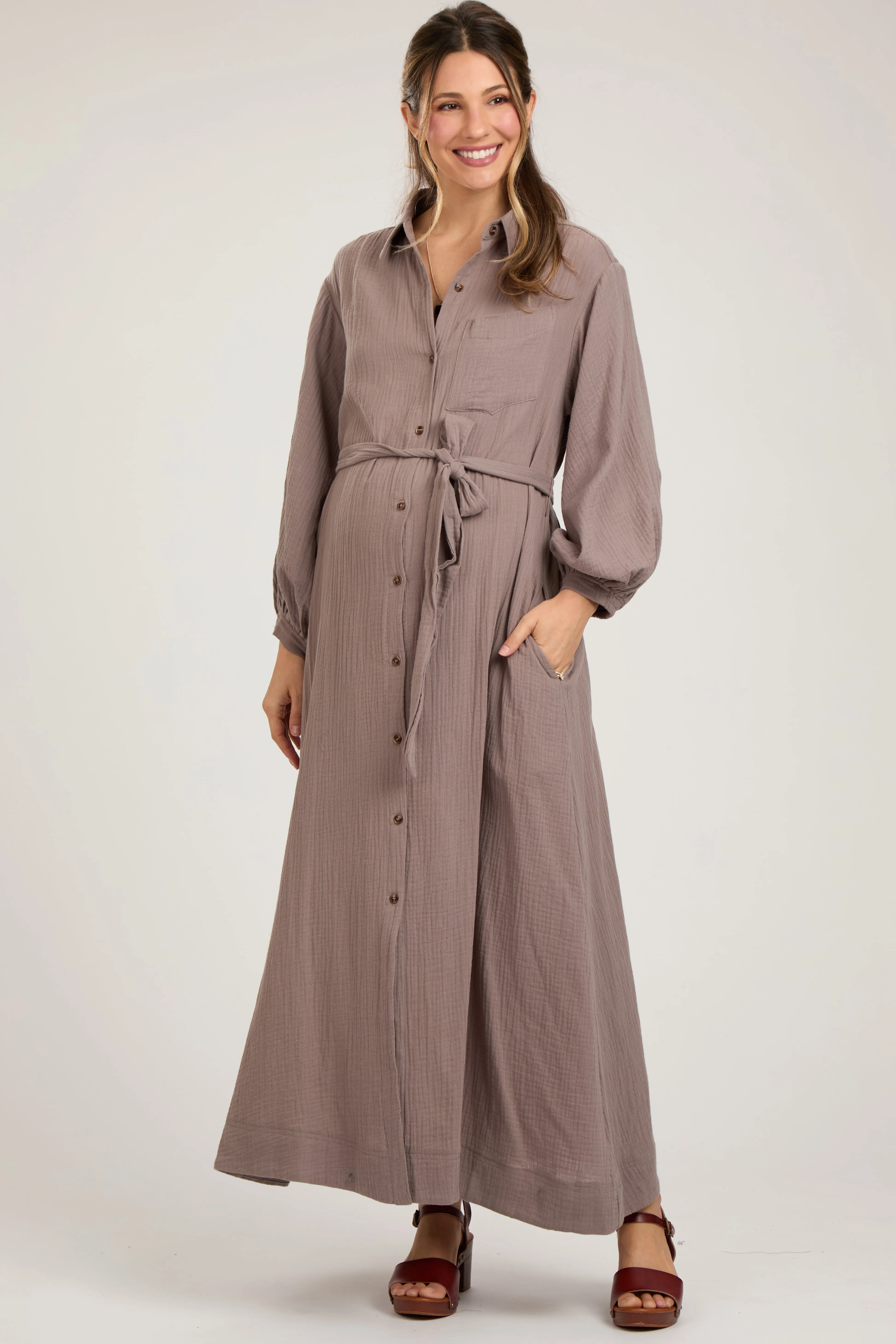 Mocha Gauze Belted Shirt Maternity Midi Dress sold by Pinkblush