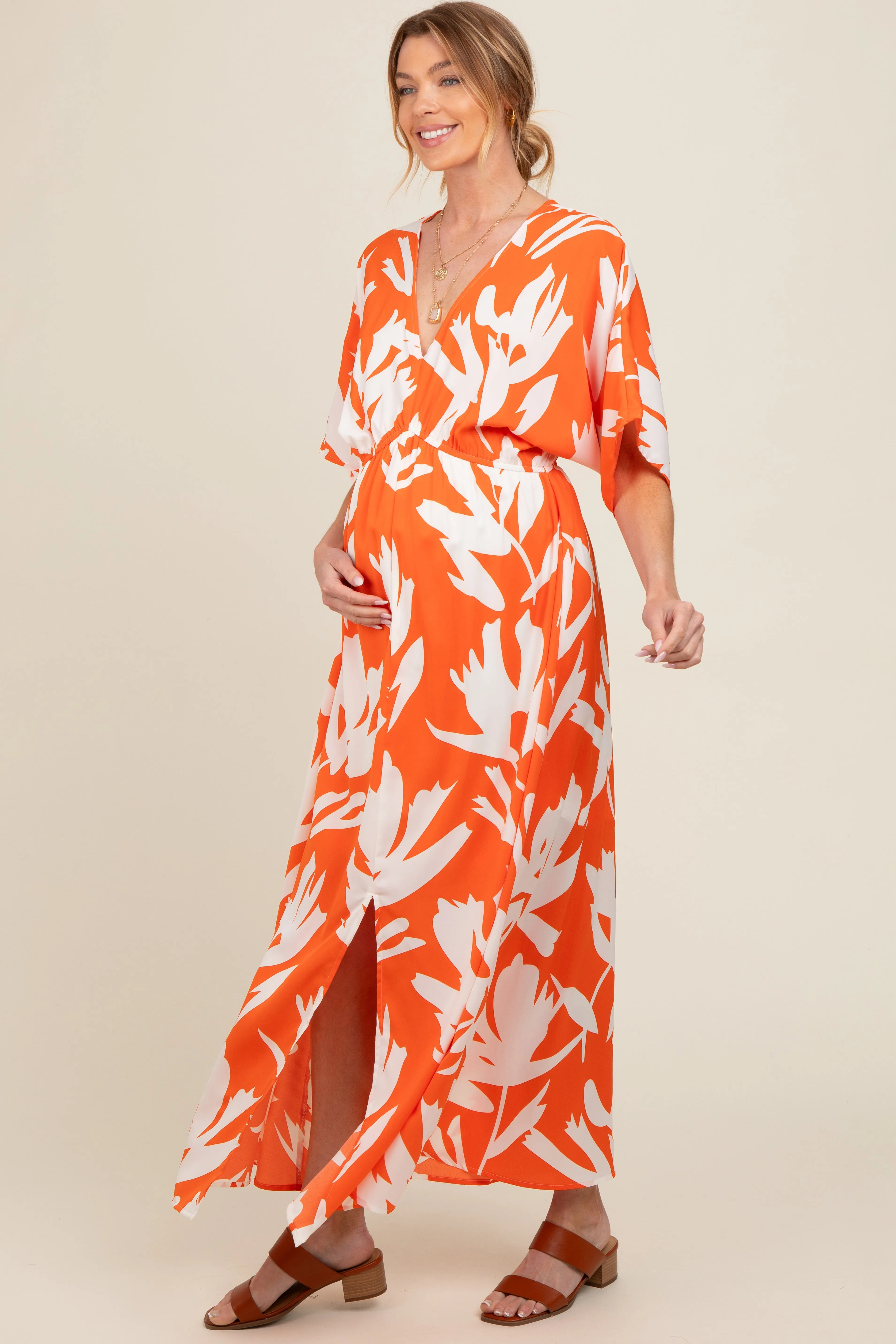 Orange Floral Double V-Neck Front Slit Maternity Maxi Dress sold by Pinkblush product image thumbnail 3