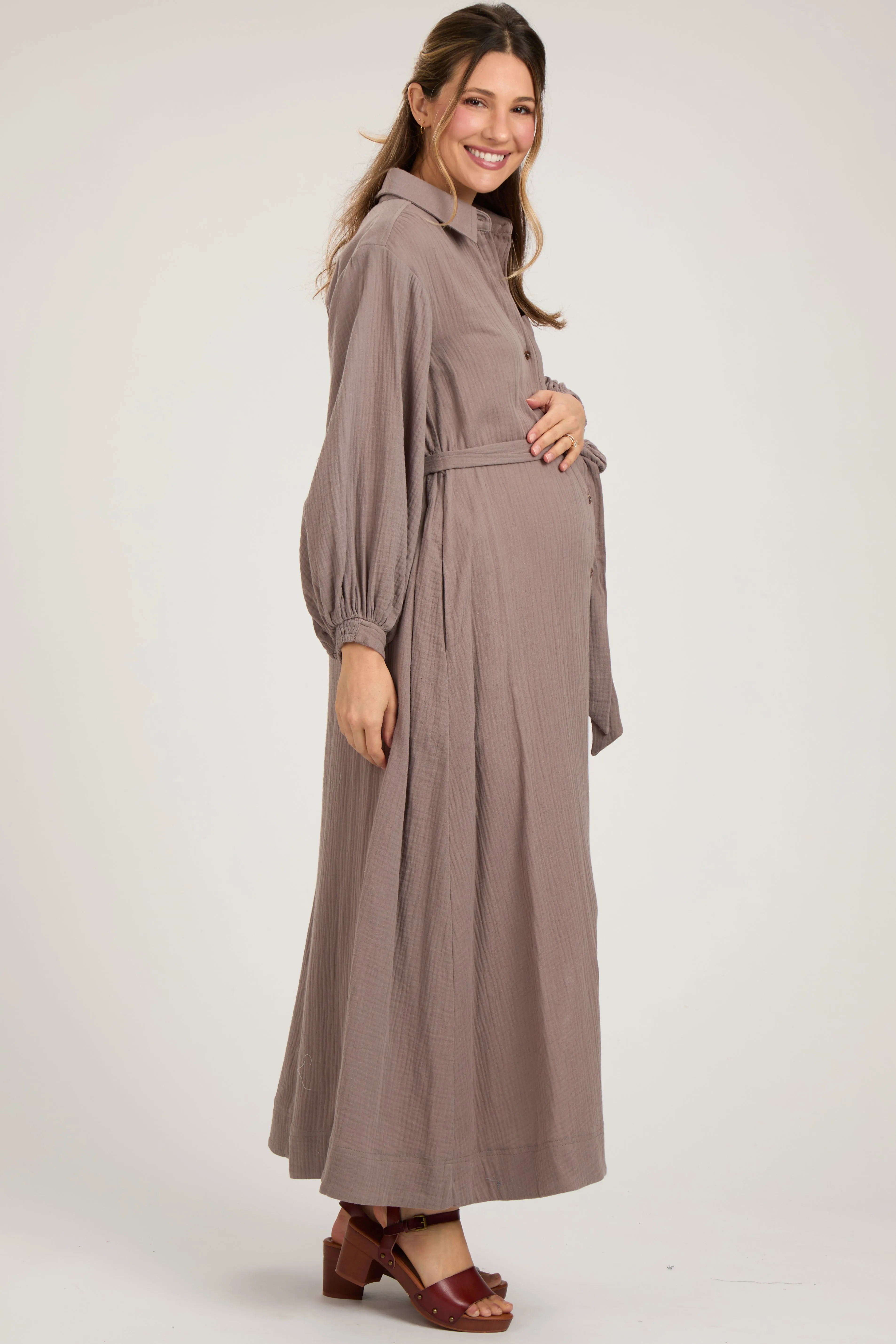 Mocha Gauze Belted Shirt Maternity Midi Dress sold by Pinkblush product image thumbnail 2