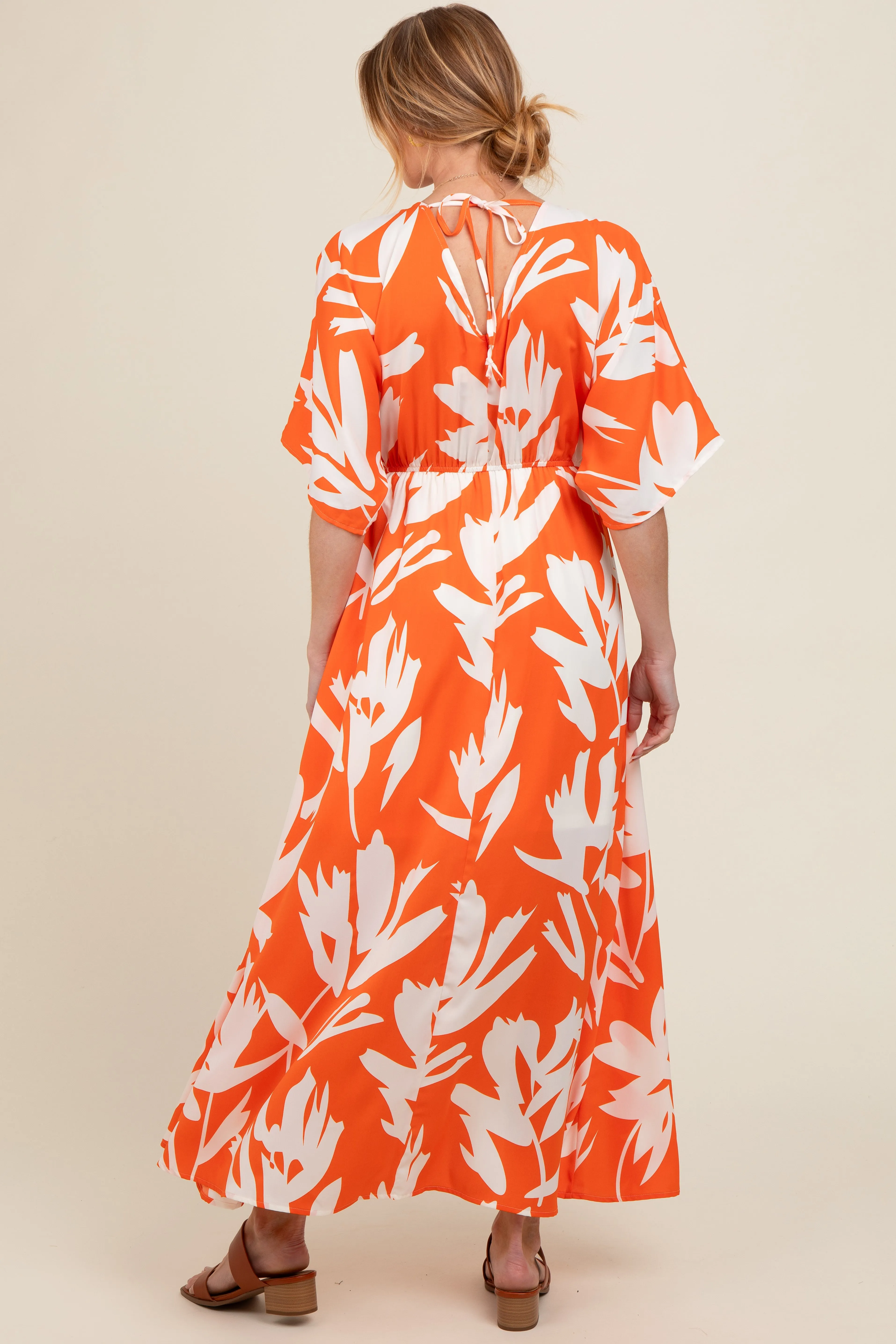Orange Floral Double V-Neck Front Slit Maternity Maxi Dress sold by Pinkblush product image thumbnail 4
