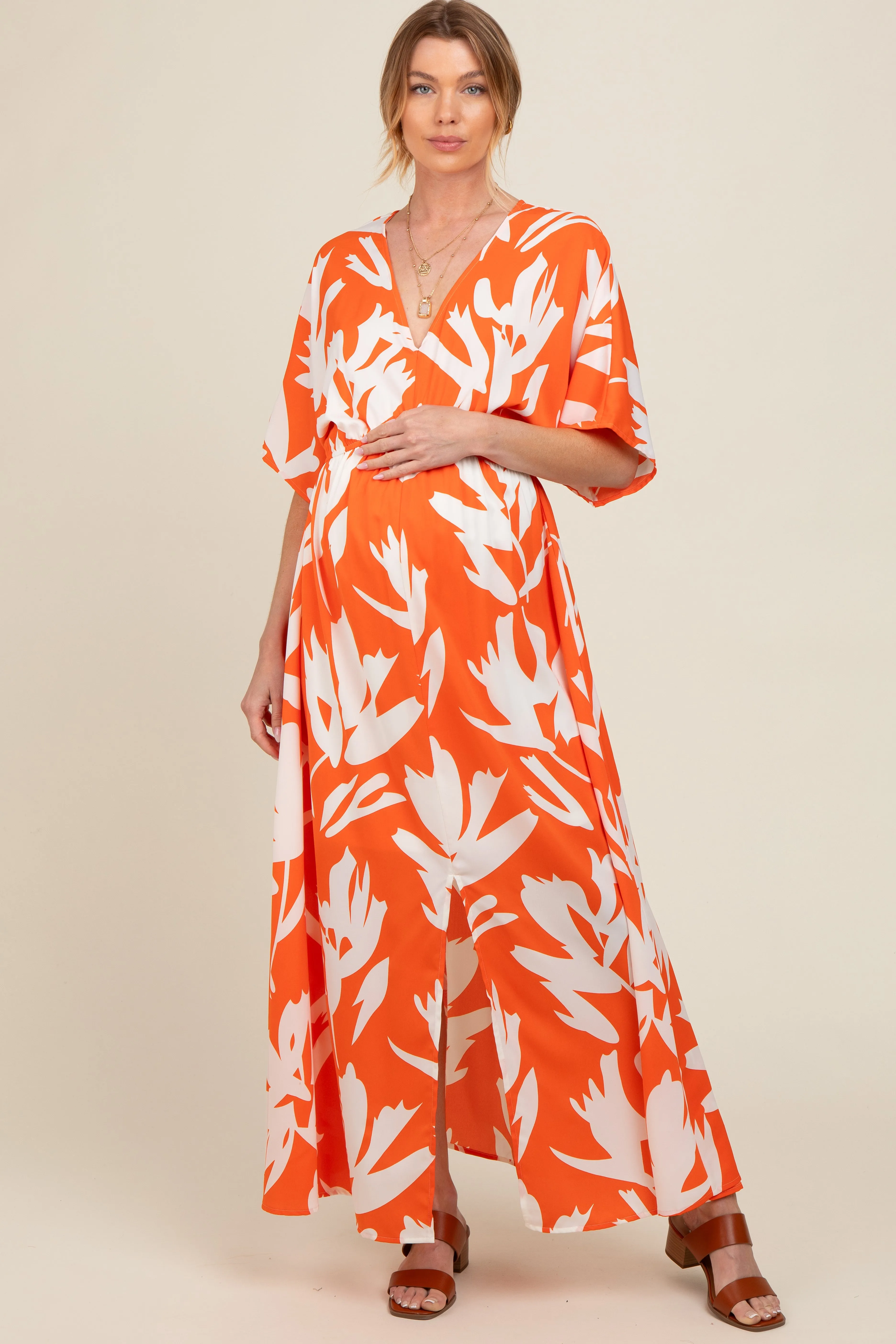 Orange Floral Double V-Neck Front Slit Maternity Maxi Dress sold by Pinkblush