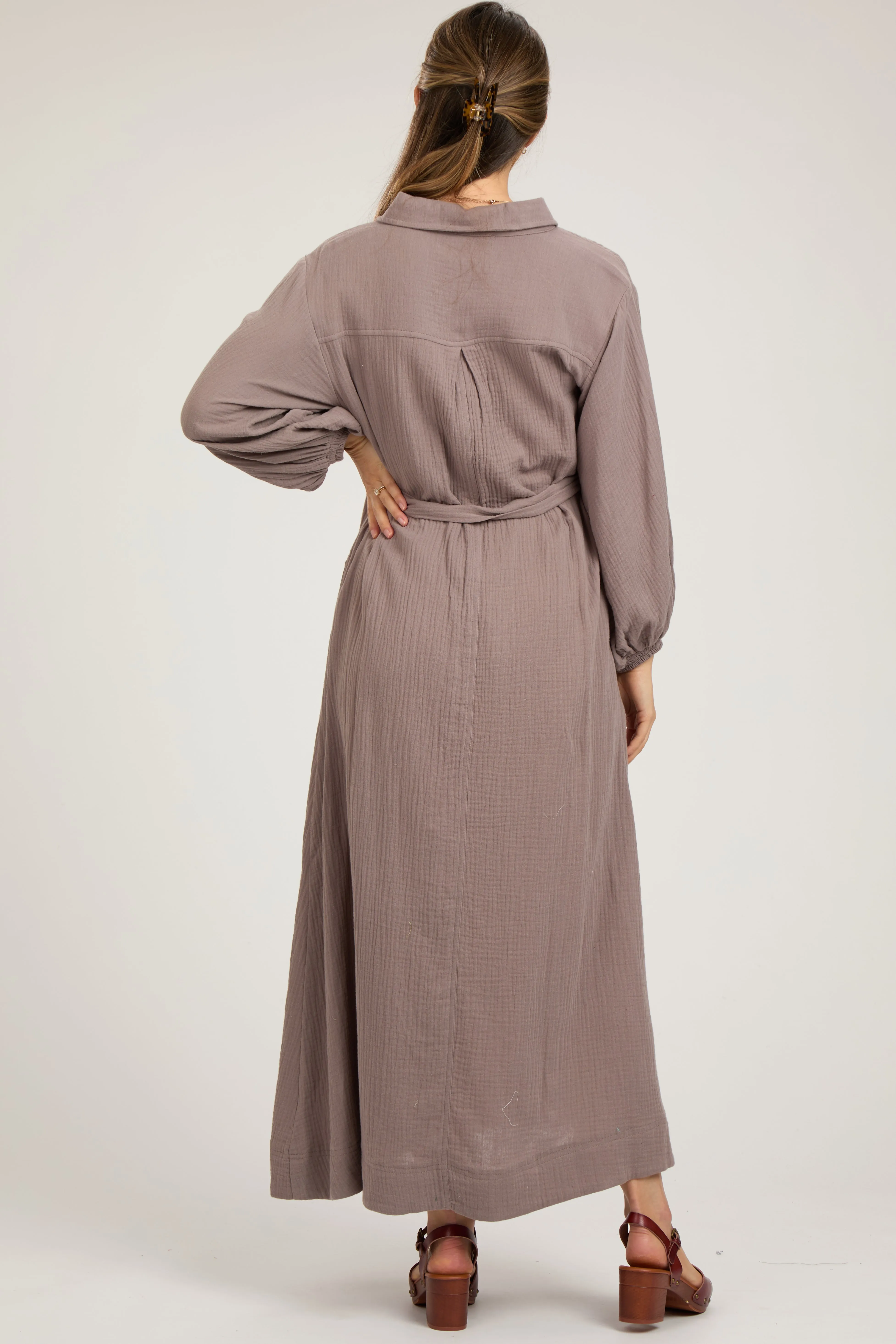 Mocha Gauze Belted Shirt Maternity Midi Dress sold by Pinkblush product image thumbnail 3