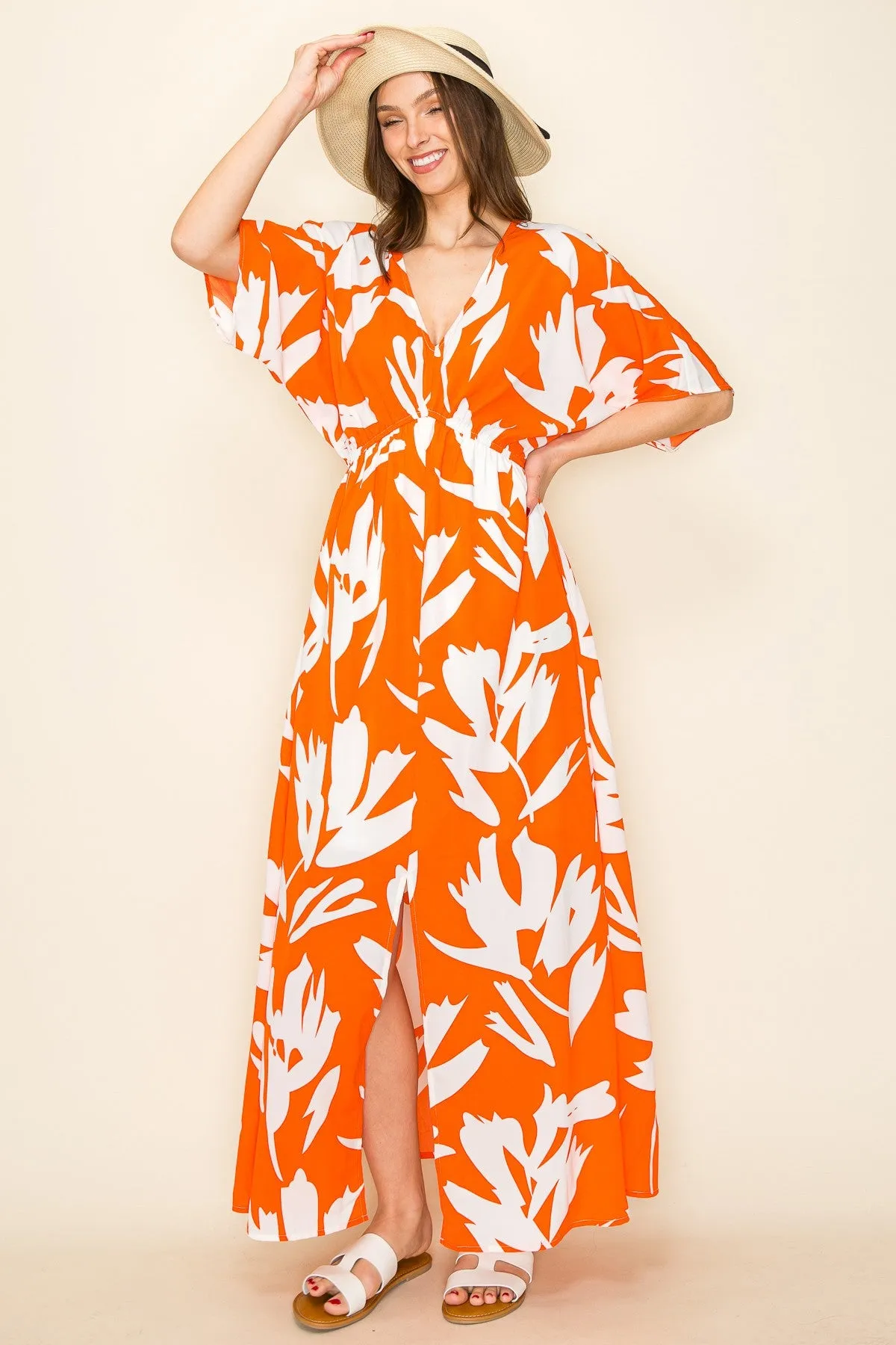 Orange Floral Double V-Neck Front Slit Maternity Maxi Dress sold by Pinkblush product image thumbnail 5