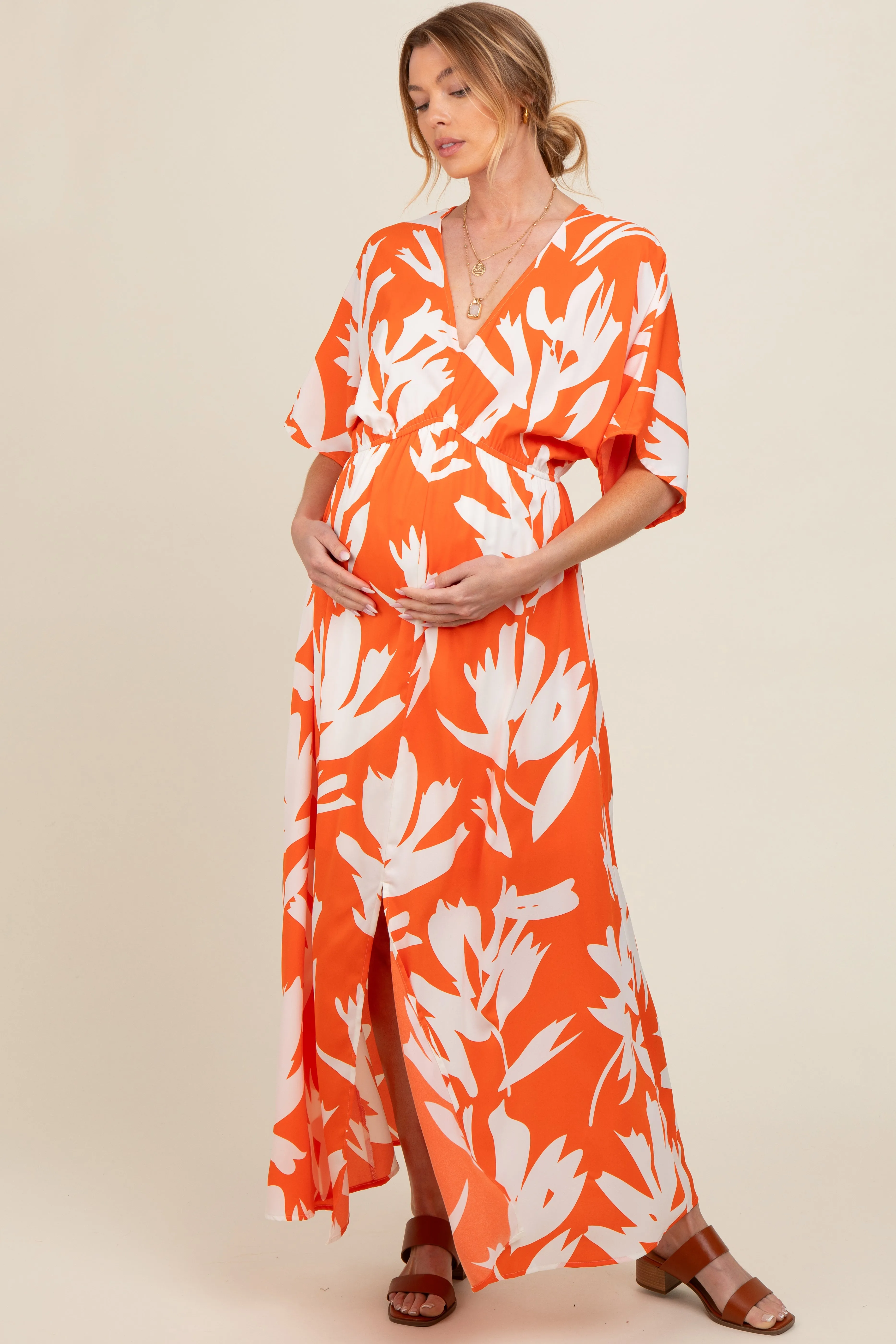 Orange Floral Double V-Neck Front Slit Maternity Maxi Dress sold by Pinkblush product image thumbnail 2