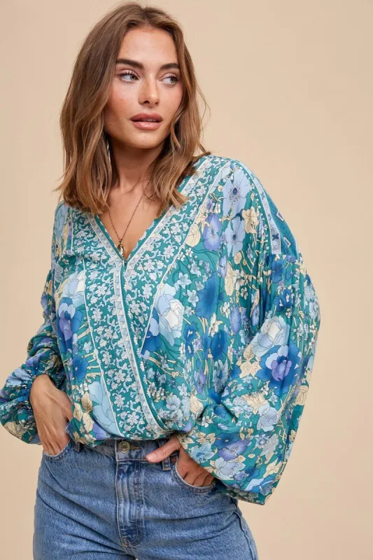 Emerald Teal Surplice Wrap Border Print Blouse sold by Pinkblush