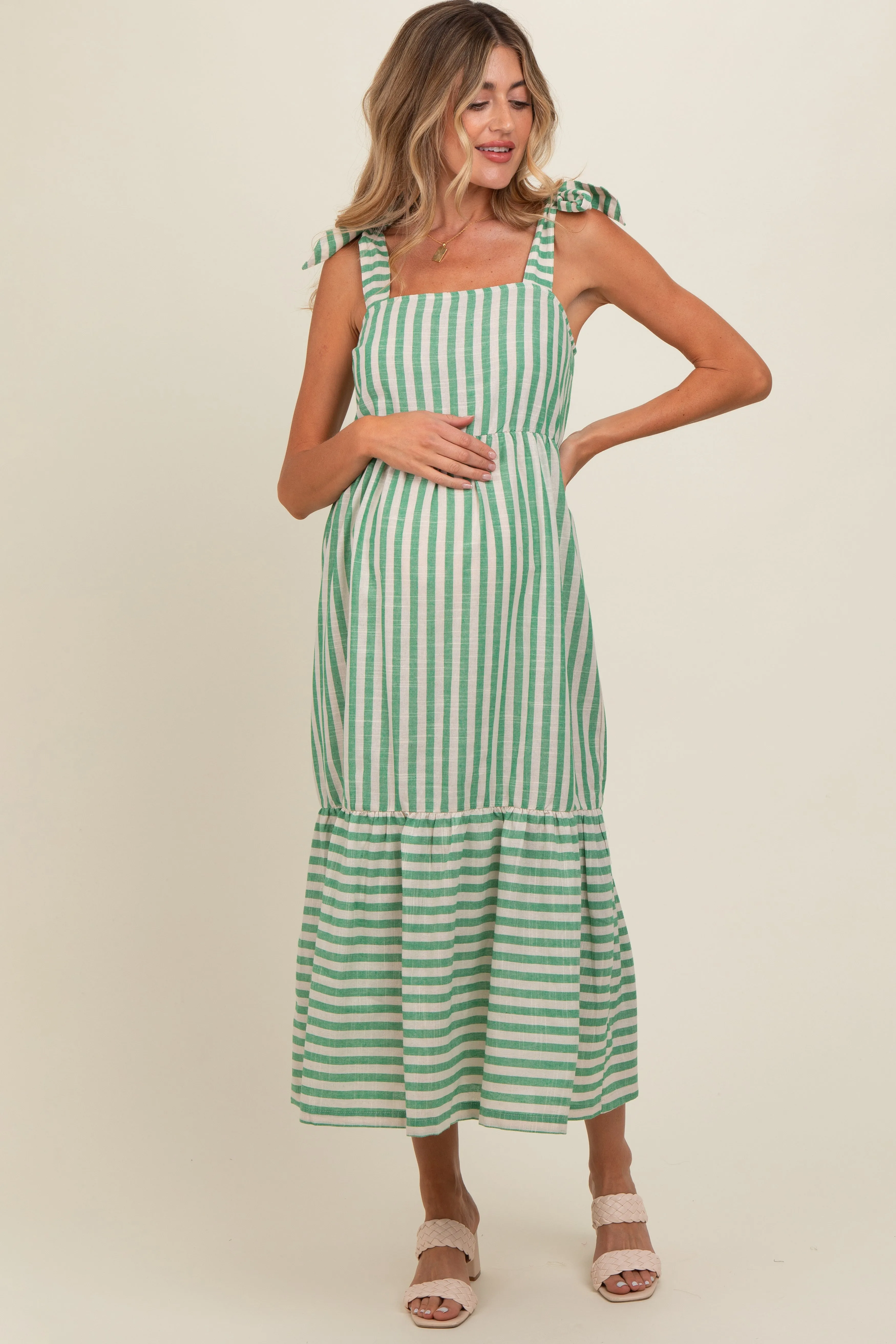 Jade Striped Shoulder Tie Maternity Midi Dress sold by Pinkblush product image thumbnail 2