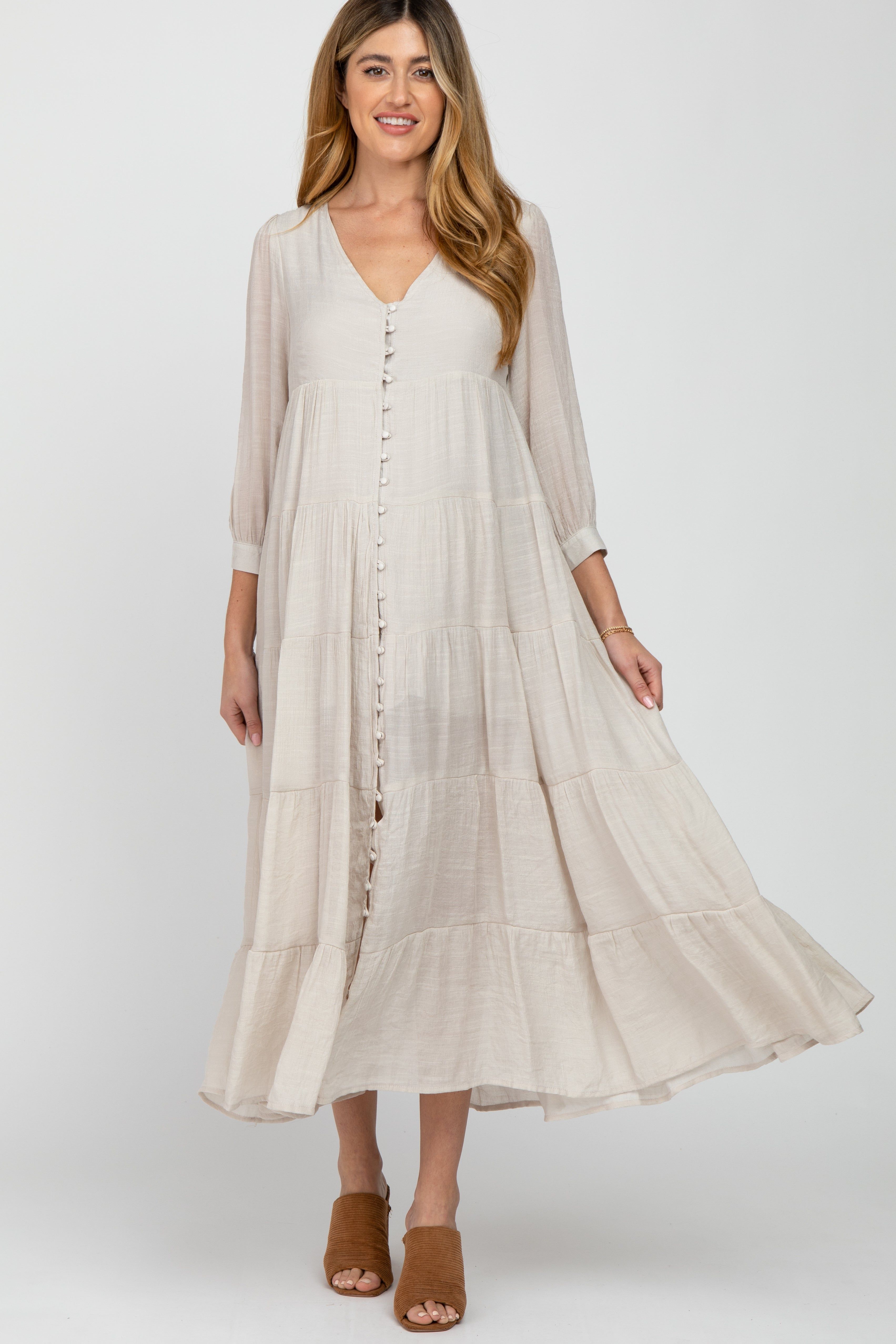 Ivory Button Front Tiered Maternity Maxi Dress sold by Pinkblush