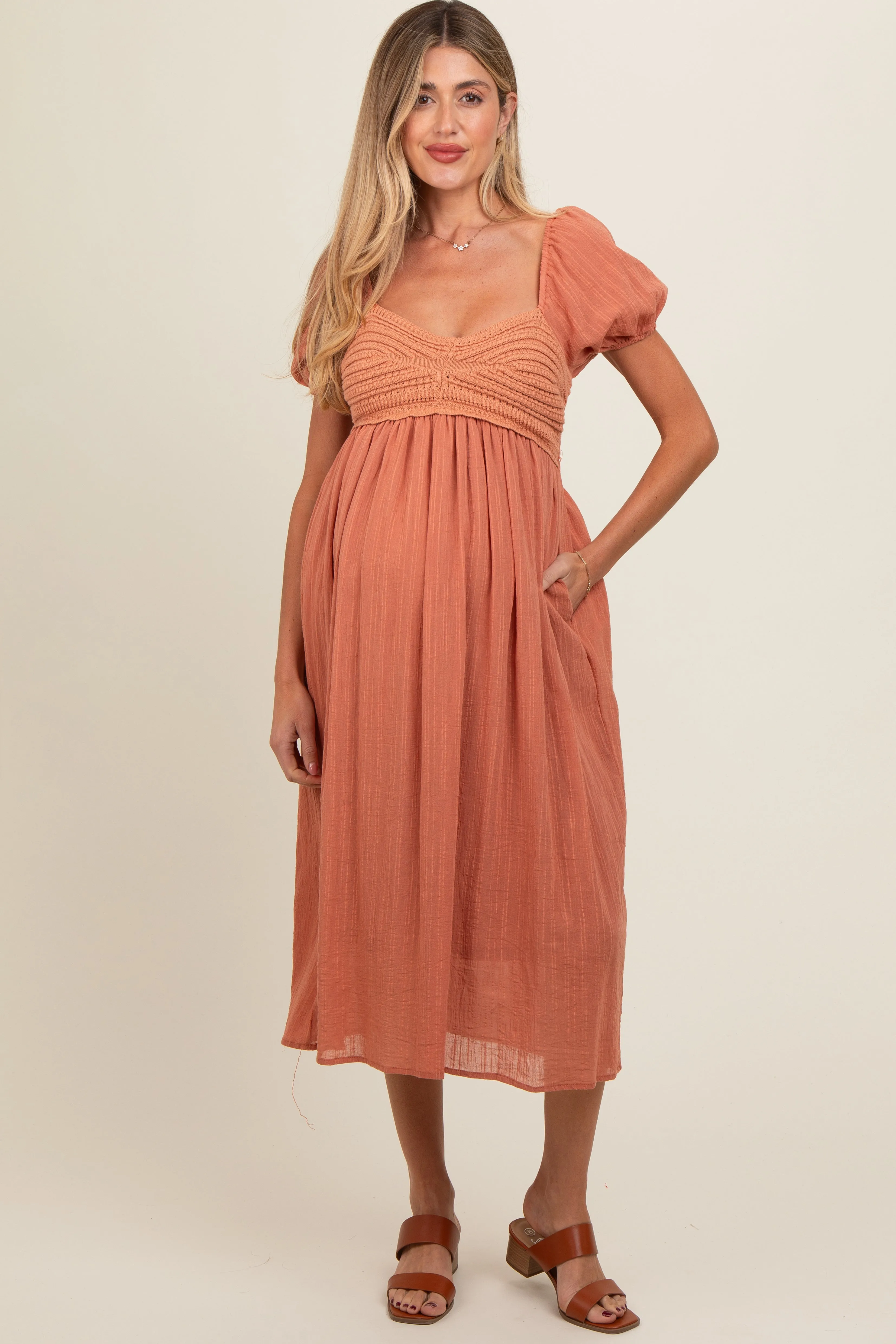 Salmon Crochet Front Short Puff Sleeve Maternity Midi Dress sold by Pinkblush product image thumbnail 2