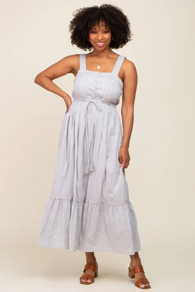 Grey Crochet Trim Button Front Midi Dress sold by Pinkblush