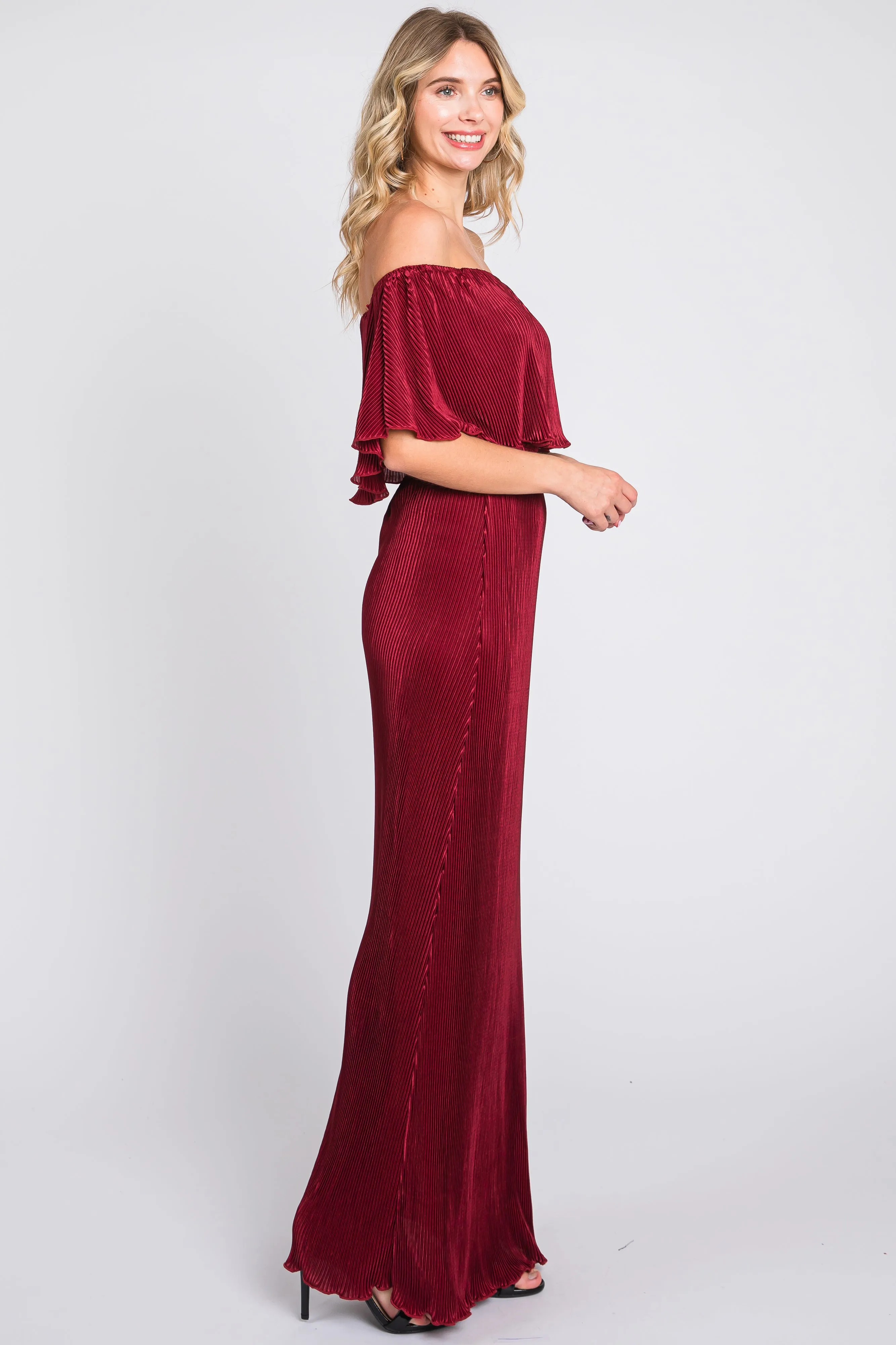 Burgundy Pleated Ruffle Off Shoulder Maxi Dress sold by Pinkblush product image thumbnail 2