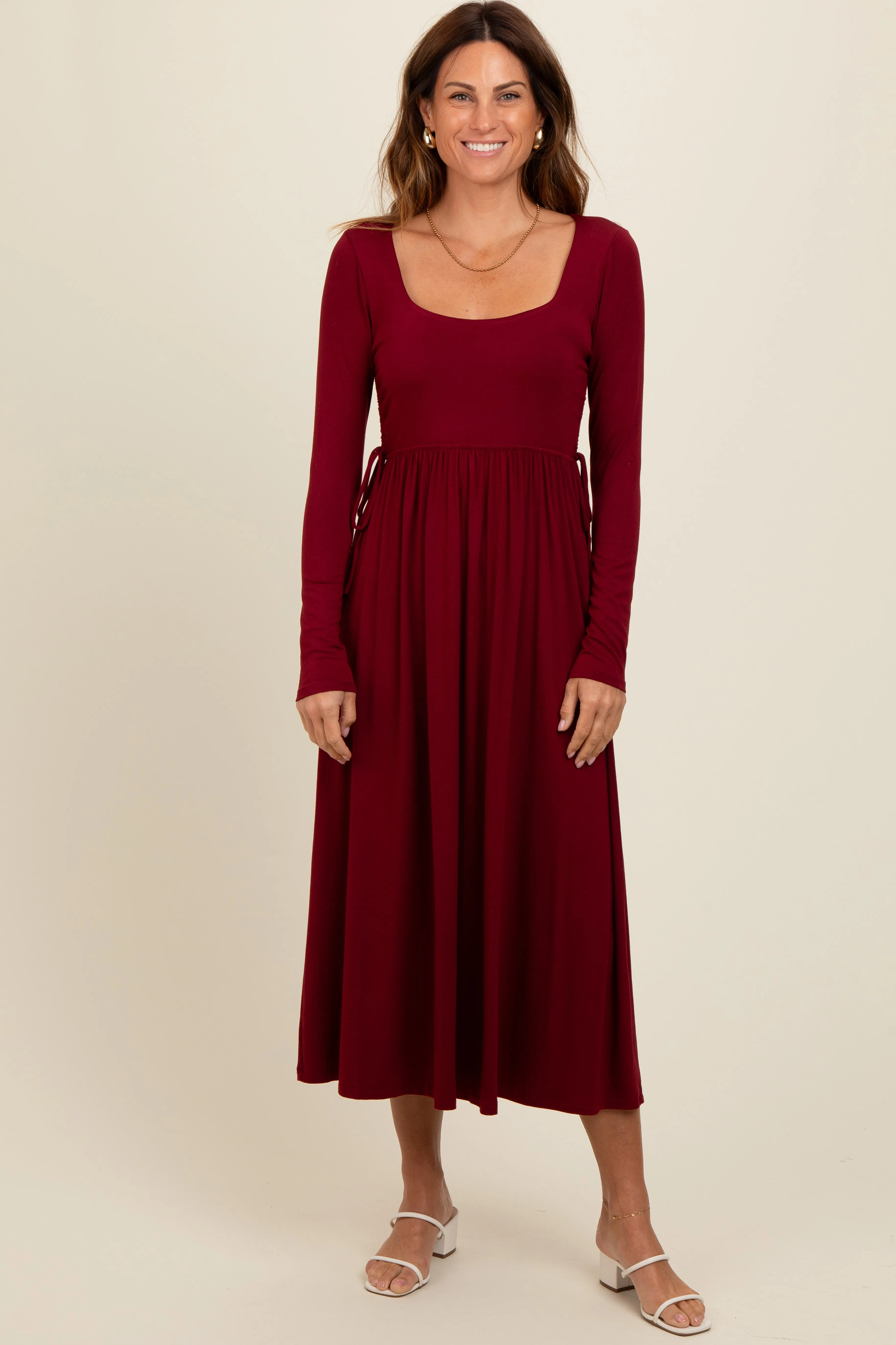 Burgundy Square Neck Long Sleeve Maternity Midi Dress sold by Pinkblush product image thumbnail 5