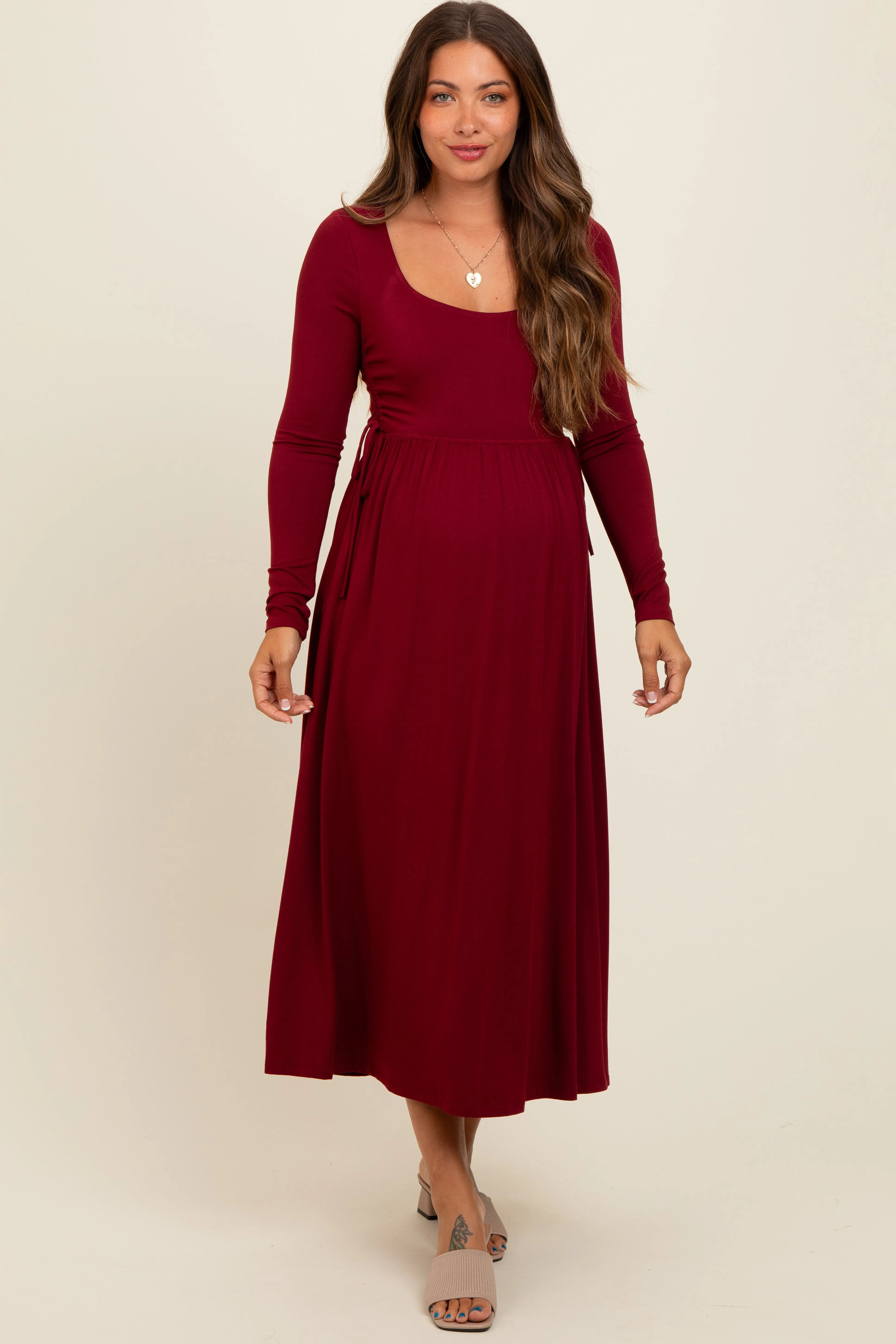 Burgundy Square Neck Long Sleeve Maternity Midi Dress sold by Pinkblush product image thumbnail 2