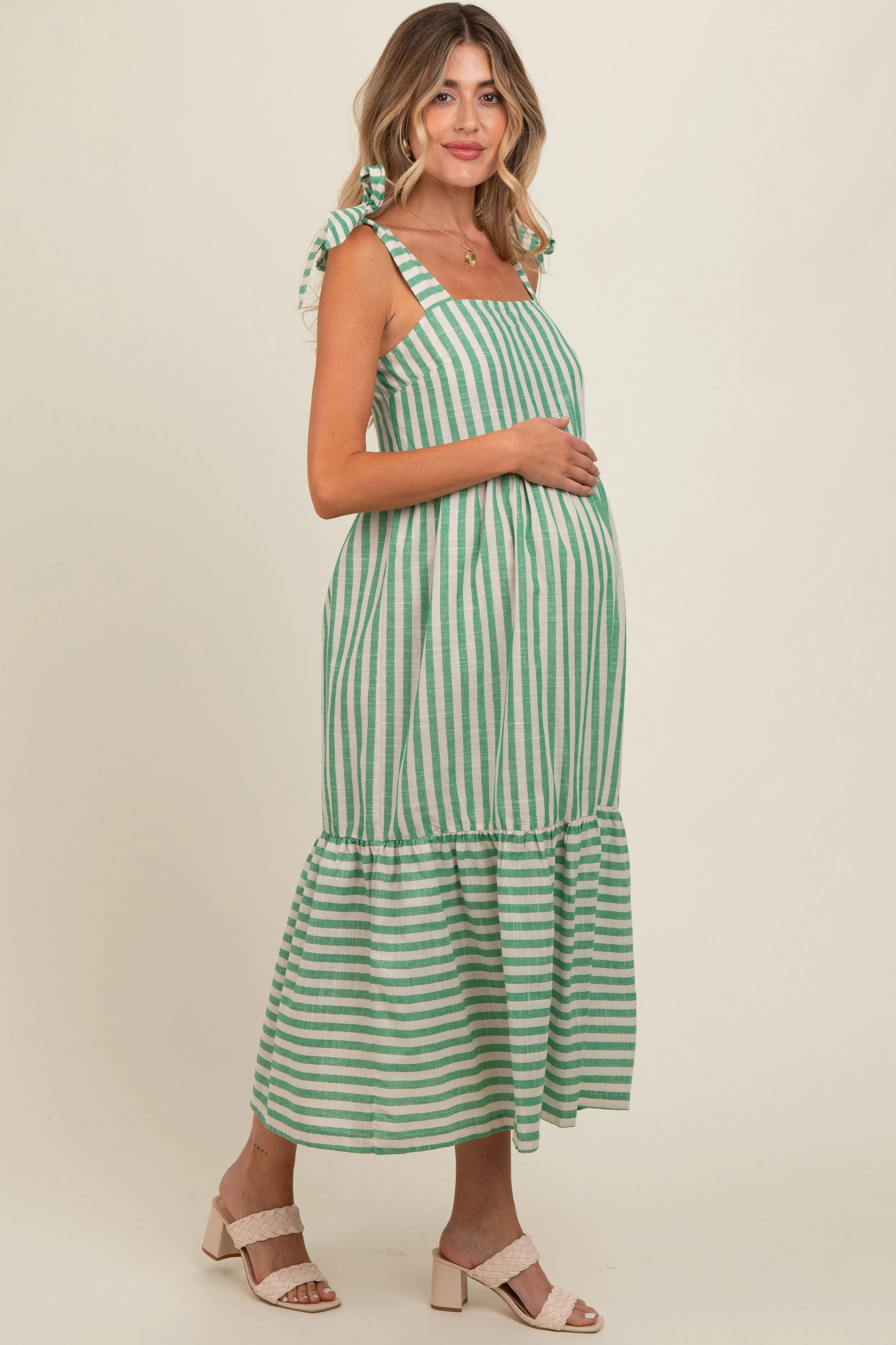 Jade Striped Shoulder Tie Maternity Midi Dress sold by Pinkblush product image thumbnail 3