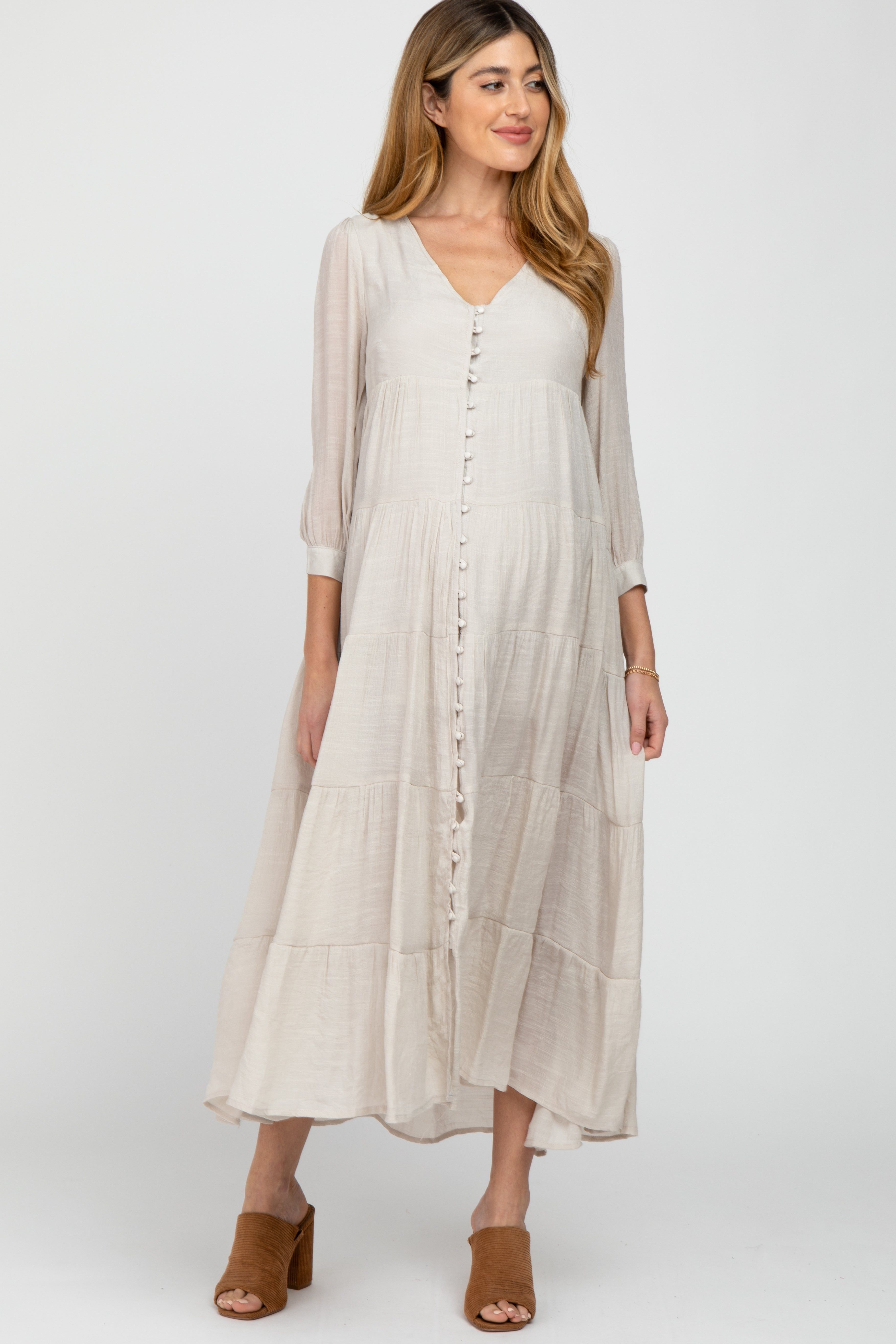 Ivory Button Front Tiered Maternity Maxi Dress sold by Pinkblush product image thumbnail 2