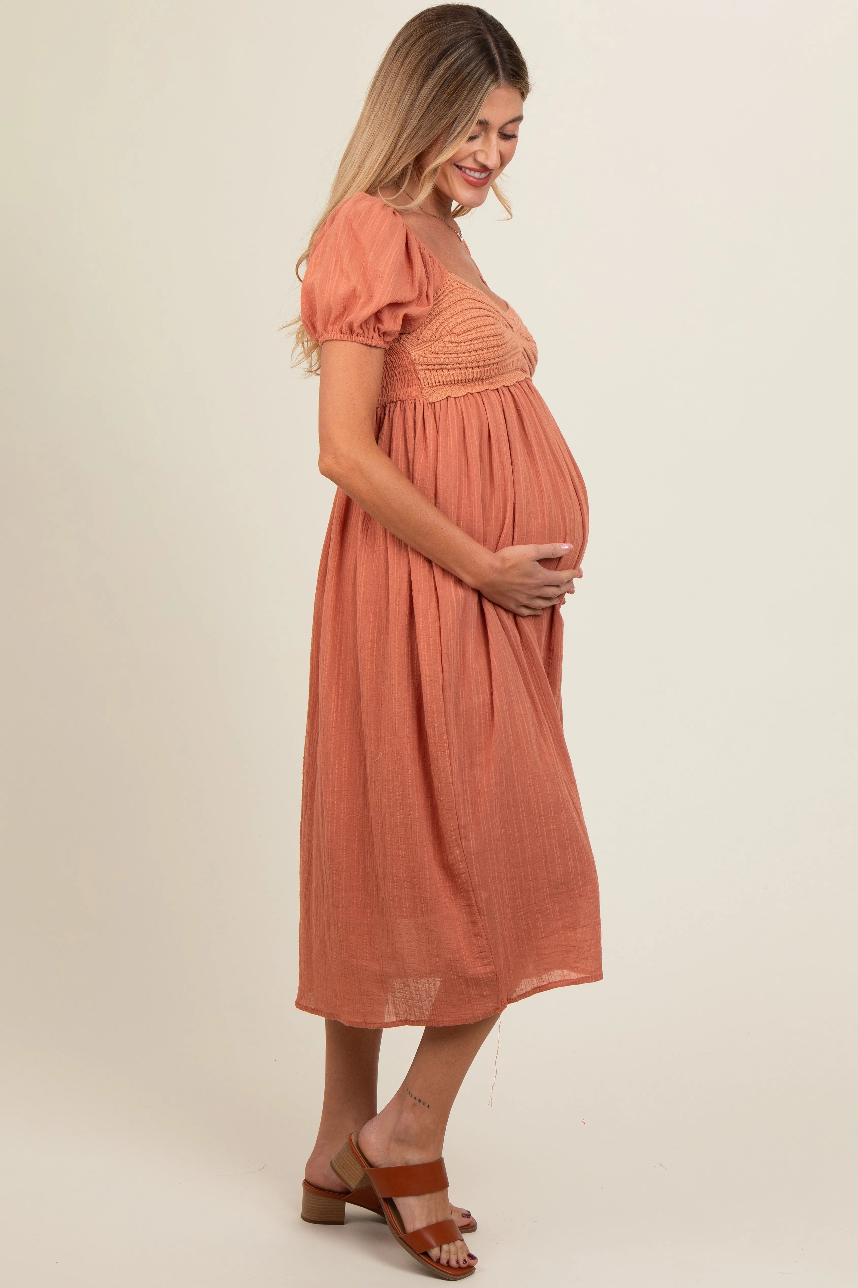 Salmon Crochet Front Short Puff Sleeve Maternity Midi Dress sold by Pinkblush product image thumbnail 3