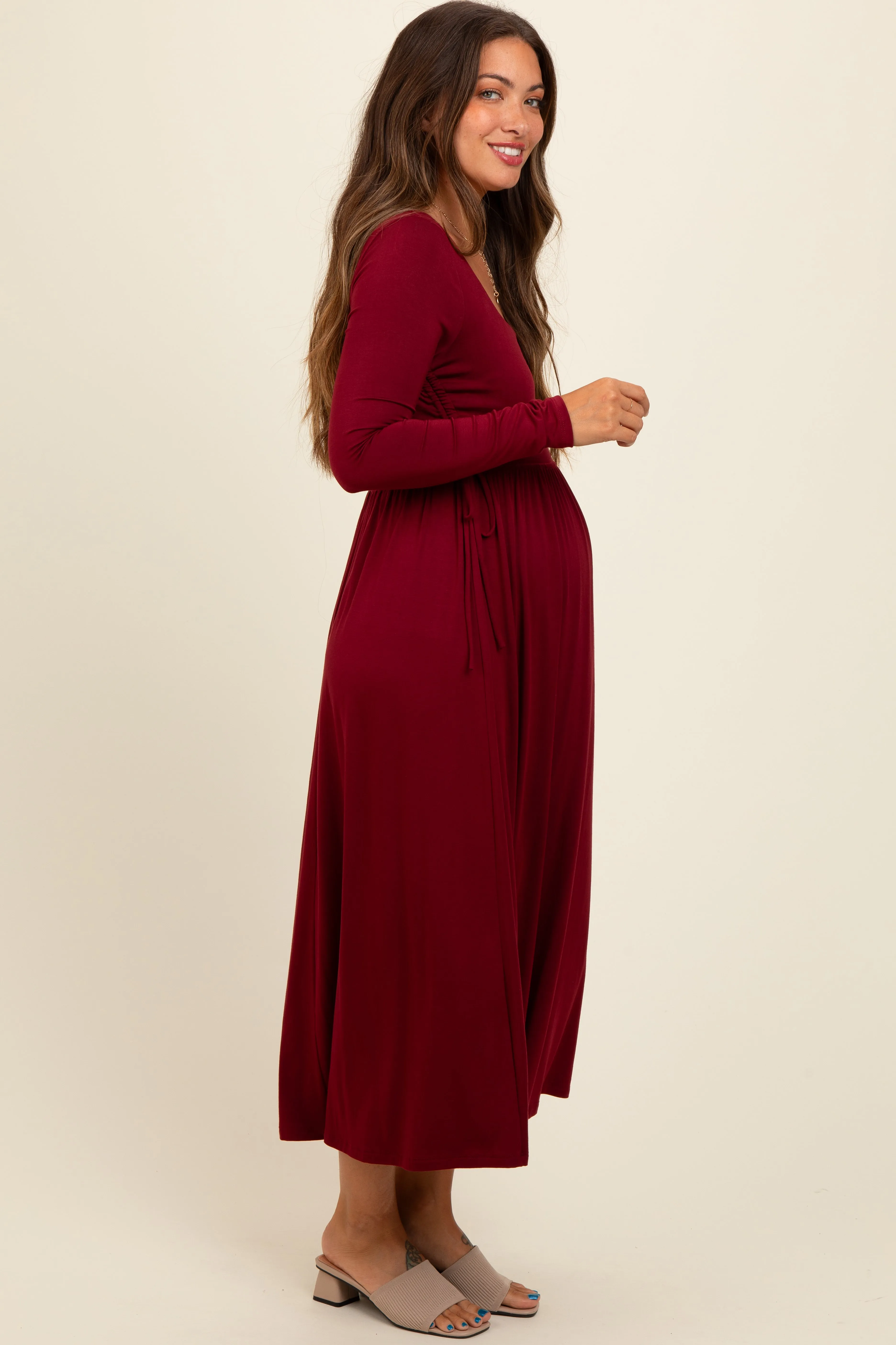 Burgundy Square Neck Long Sleeve Maternity Midi Dress sold by Pinkblush product image thumbnail 3