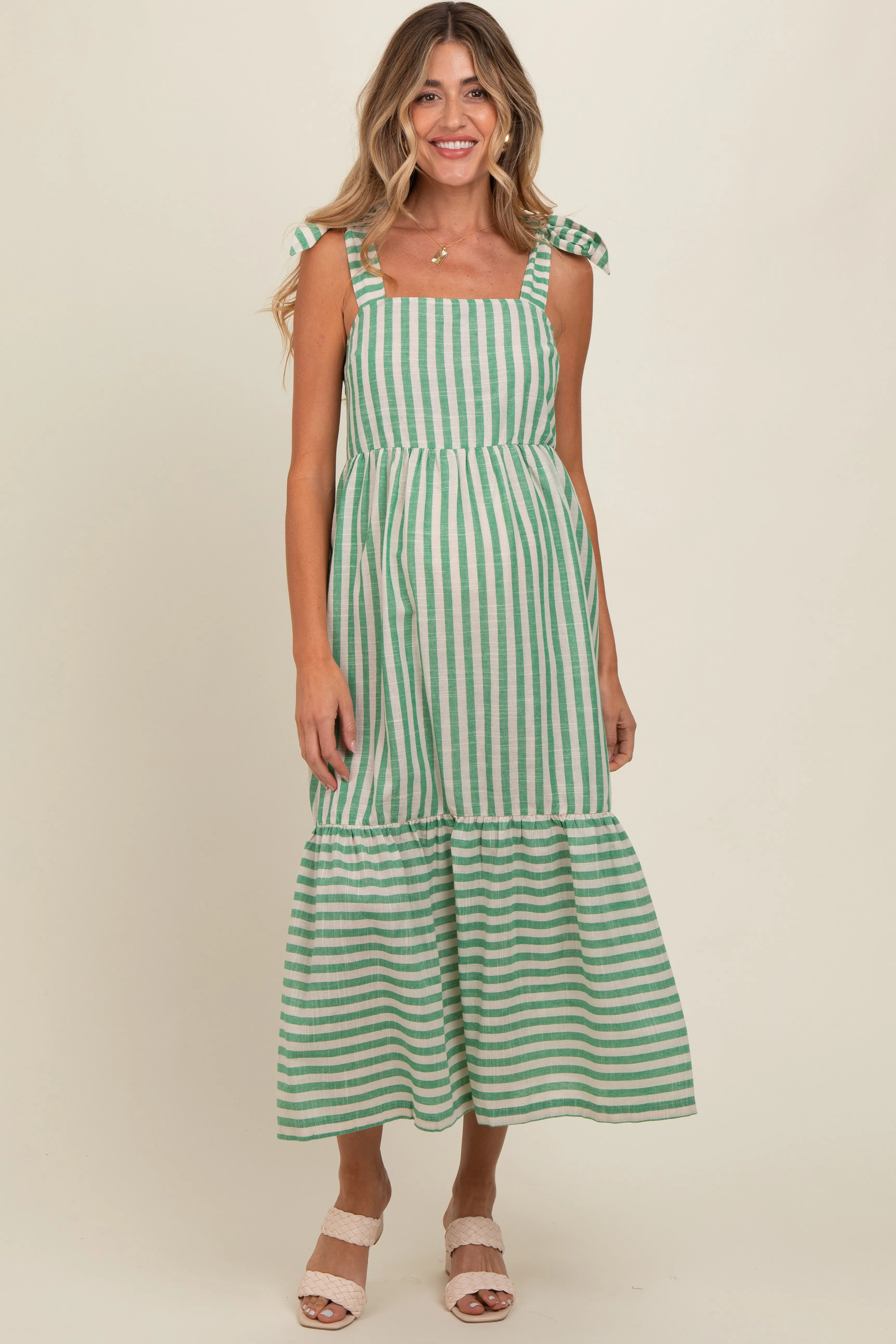 Jade Striped Shoulder Tie Maternity Midi Dress sold by Pinkblush