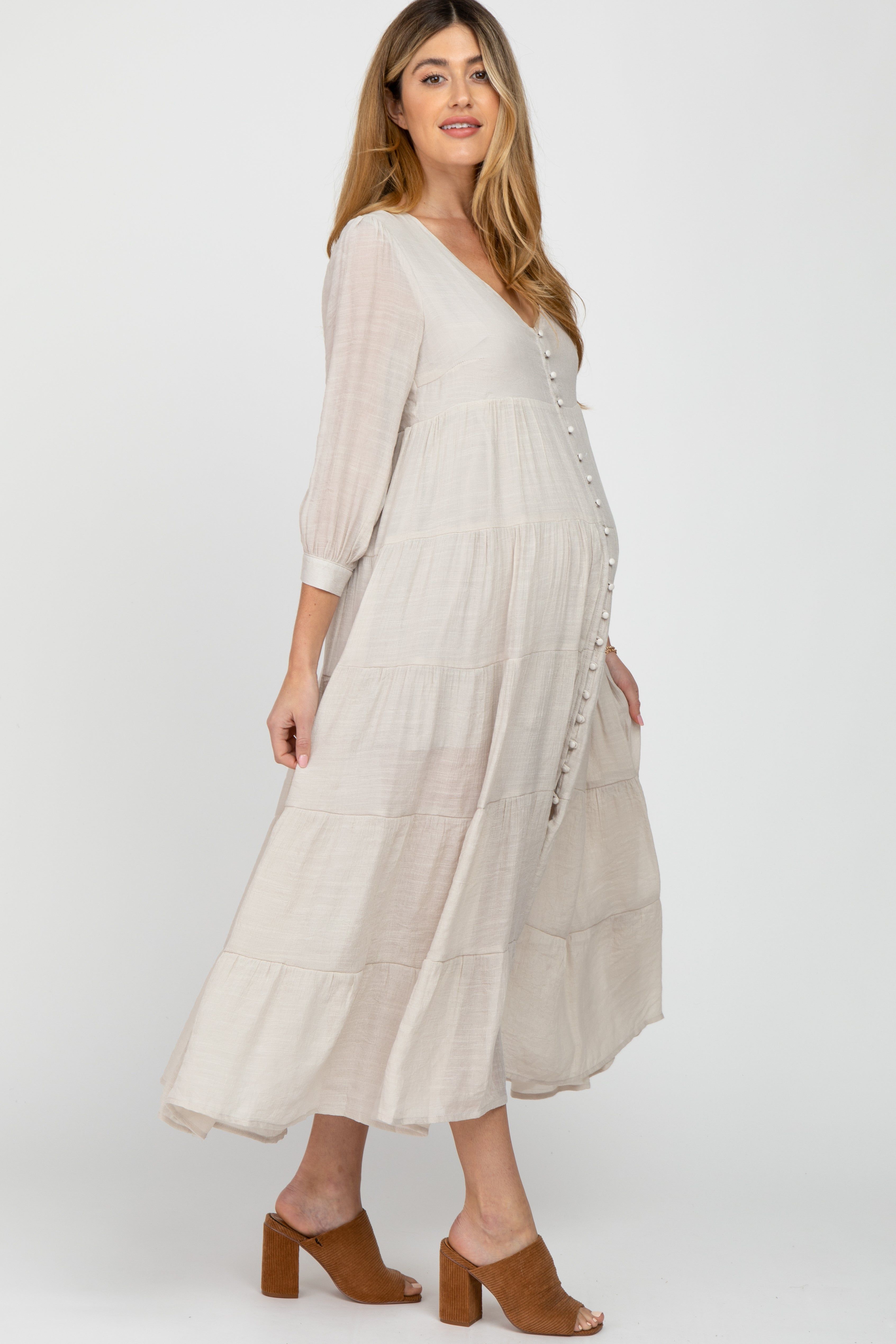 Ivory Button Front Tiered Maternity Maxi Dress sold by Pinkblush product image thumbnail 3