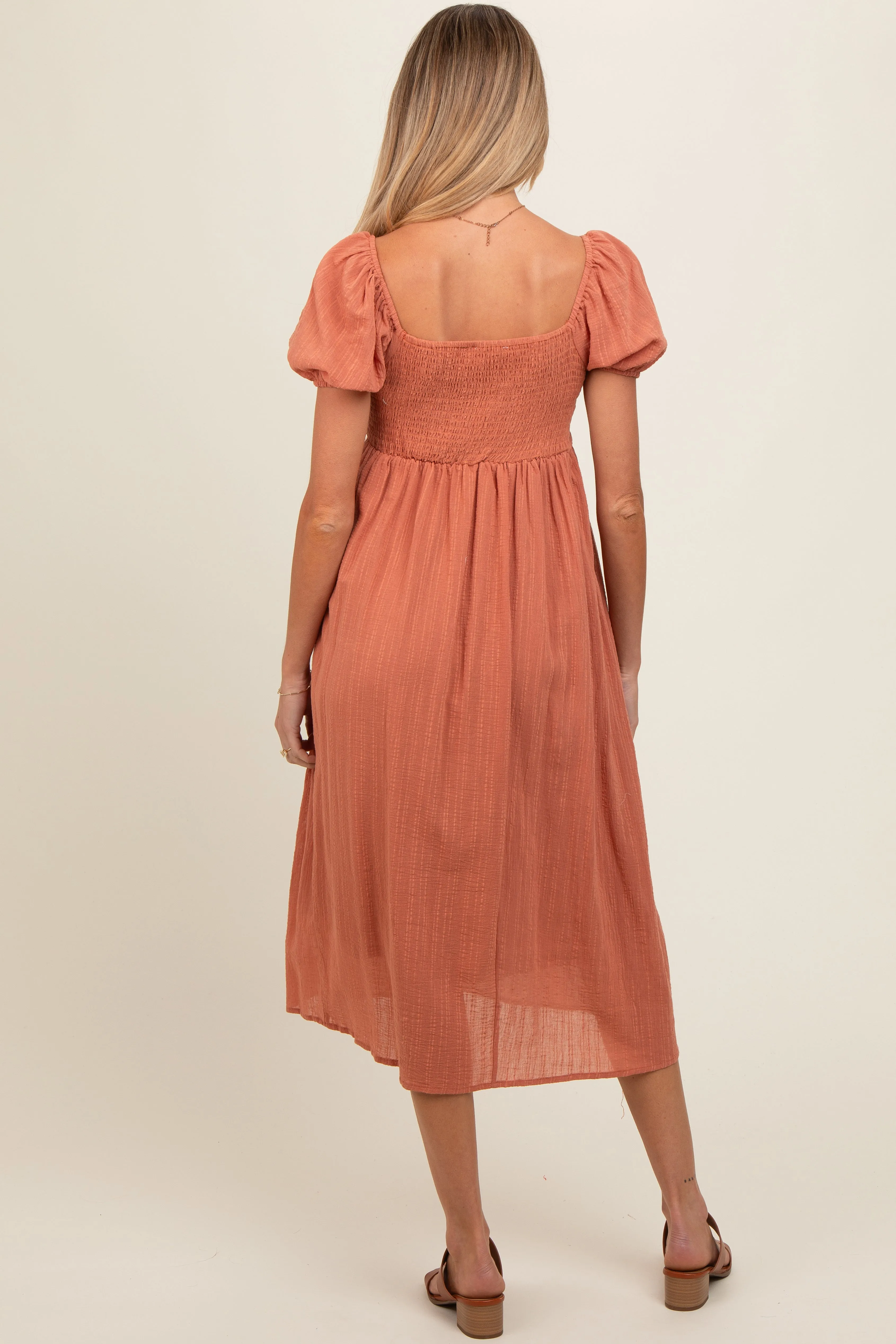 Salmon Crochet Front Short Puff Sleeve Maternity Midi Dress sold by Pinkblush product image thumbnail 4