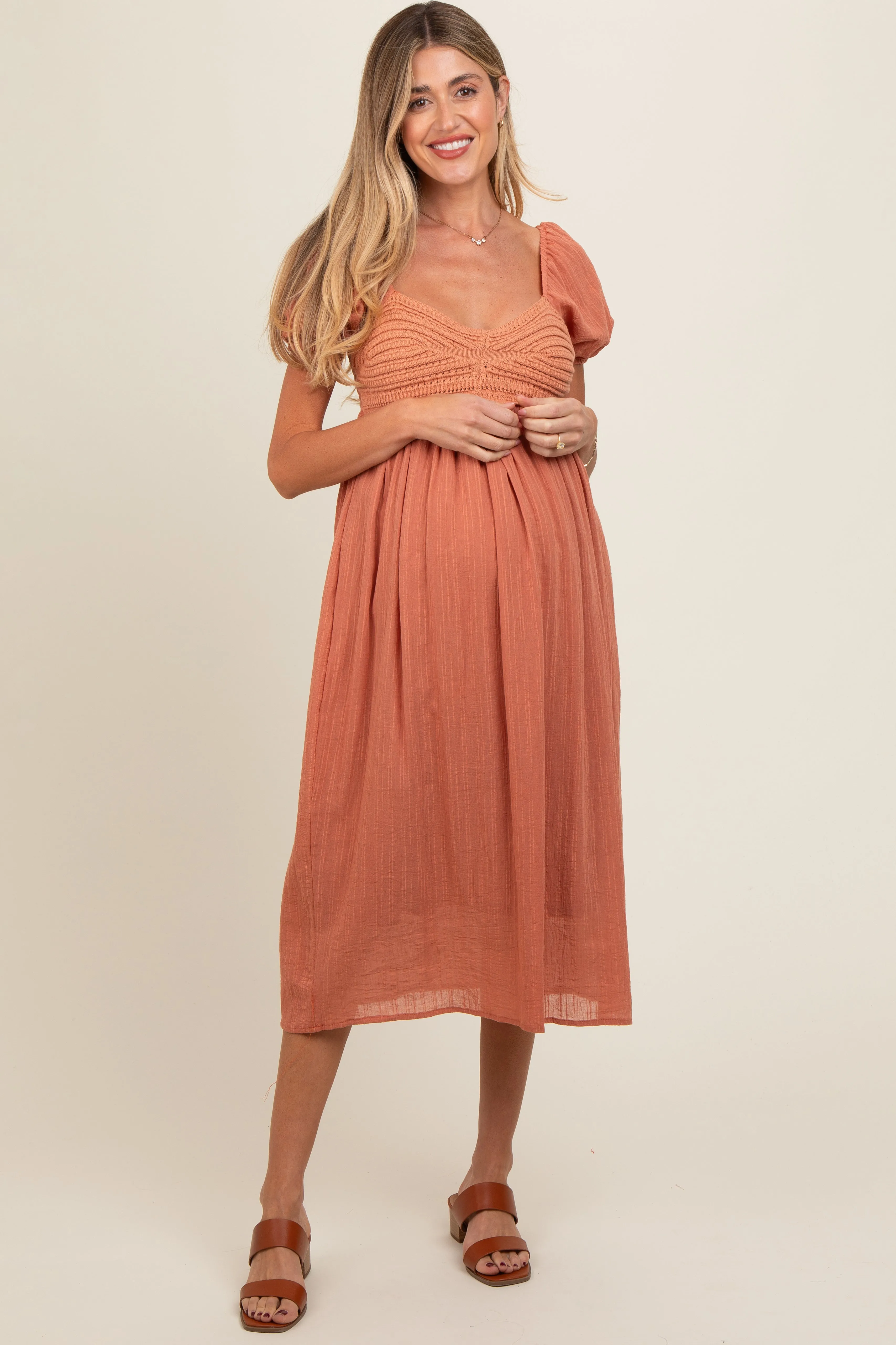 Salmon Crochet Front Short Puff Sleeve Maternity Midi Dress sold by Pinkblush