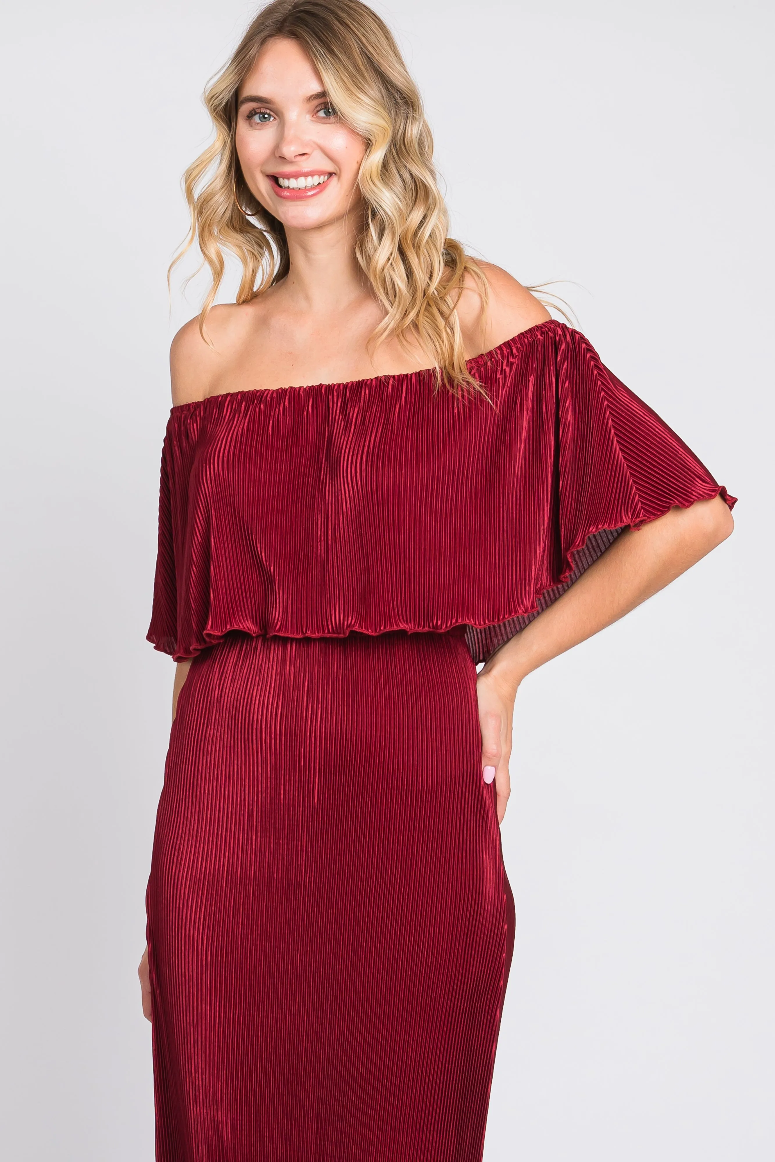 Burgundy Pleated Ruffle Off Shoulder Maxi Dress sold by Pinkblush product image thumbnail 4
