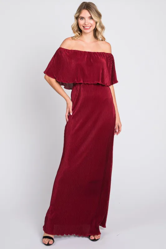 Burgundy Pleated Ruffle Off Shoulder Maxi Dress sold by Pinkblush