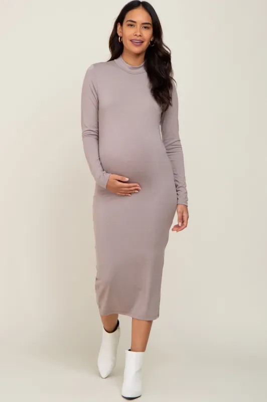 Taupe Mock Neck Maternity Long Sleeve Dress sold by Pinkblush