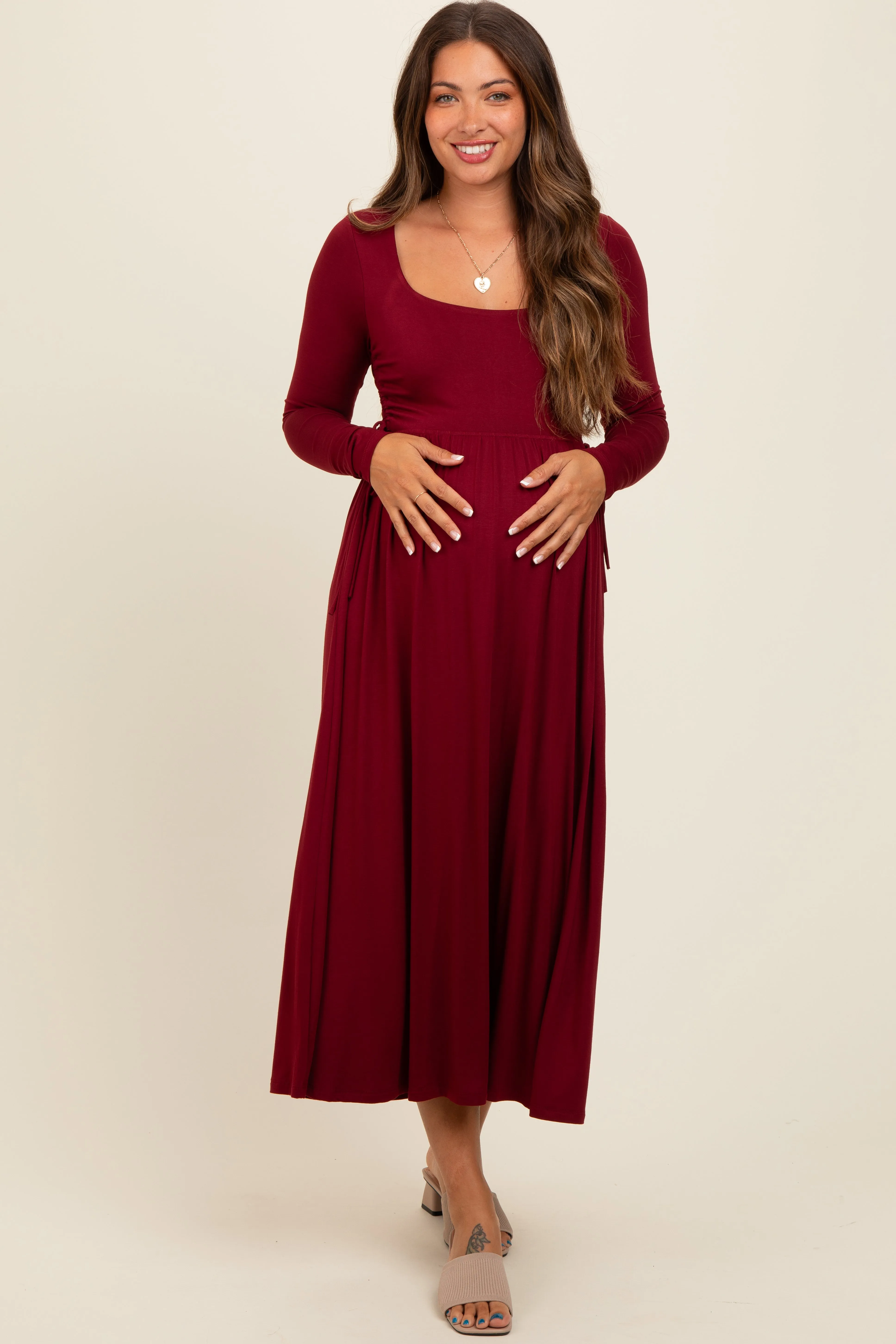 Burgundy Square Neck Long Sleeve Maternity Midi Dress sold by Pinkblush
