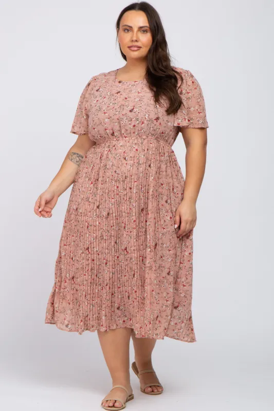 Light Pink Floral Pleated Chiffon Plus Midi Dress sold by Pinkblush