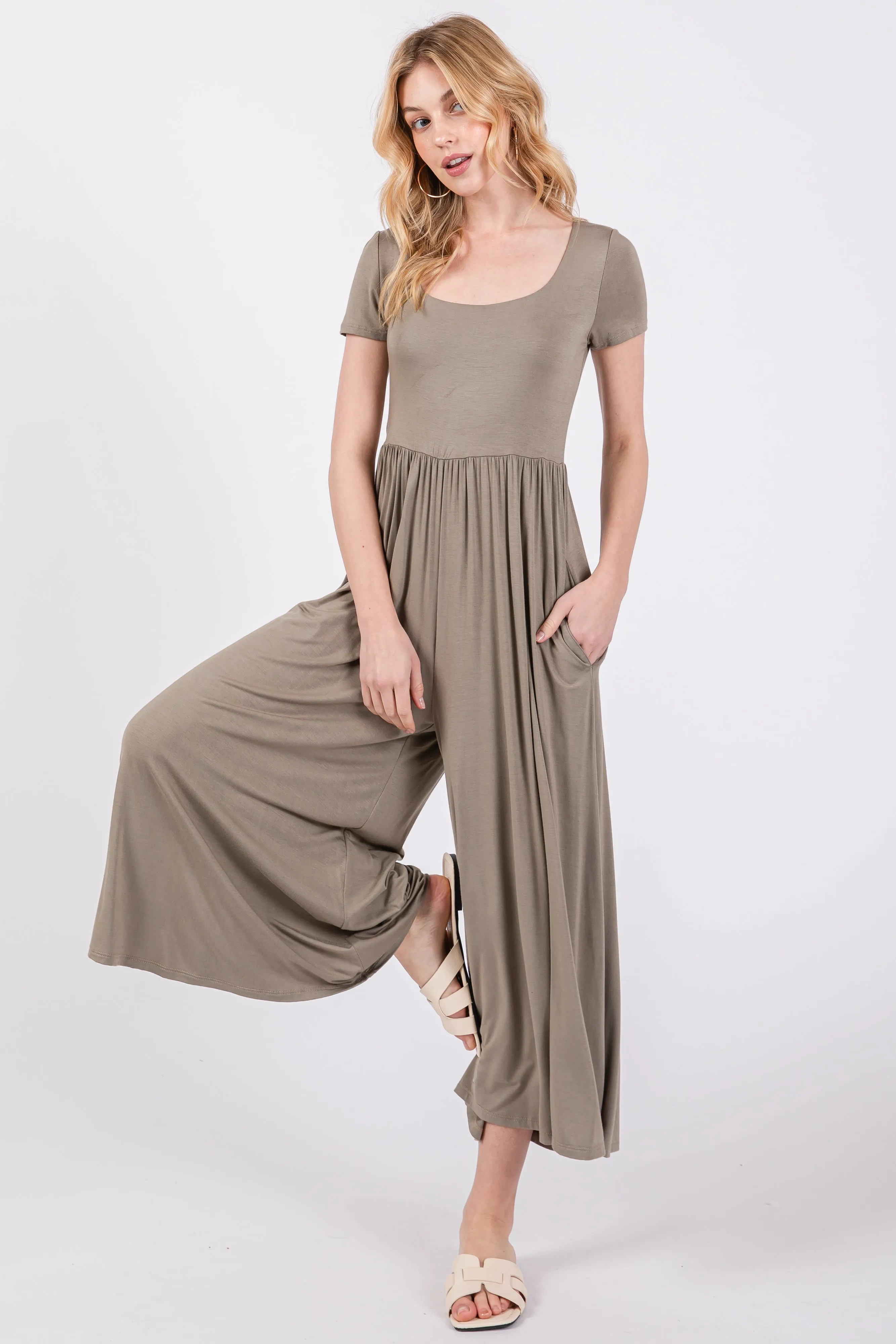 Light Olive Short Sleeve Pocketed Maternity Jumpsuit sold by Pinkblush product image thumbnail 3